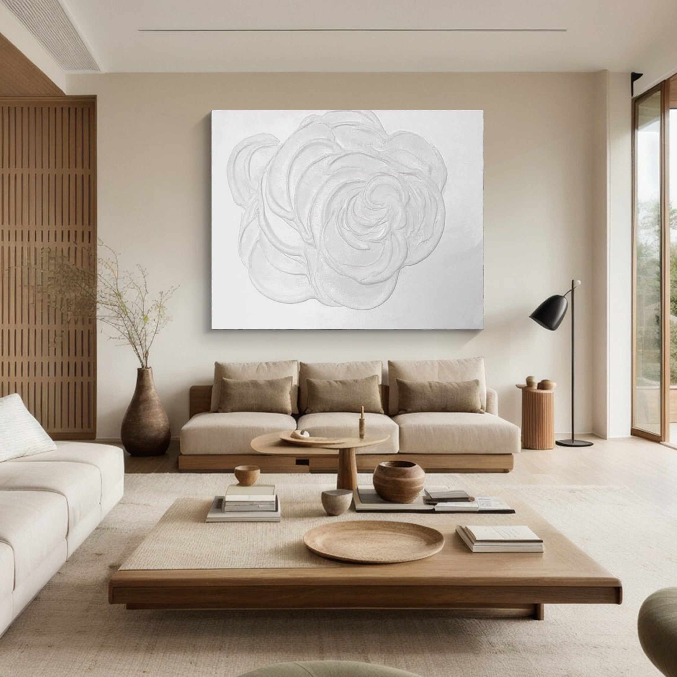 Large White Textured Rose Wall Art | Minimalist Floral Canvas #MMA 043