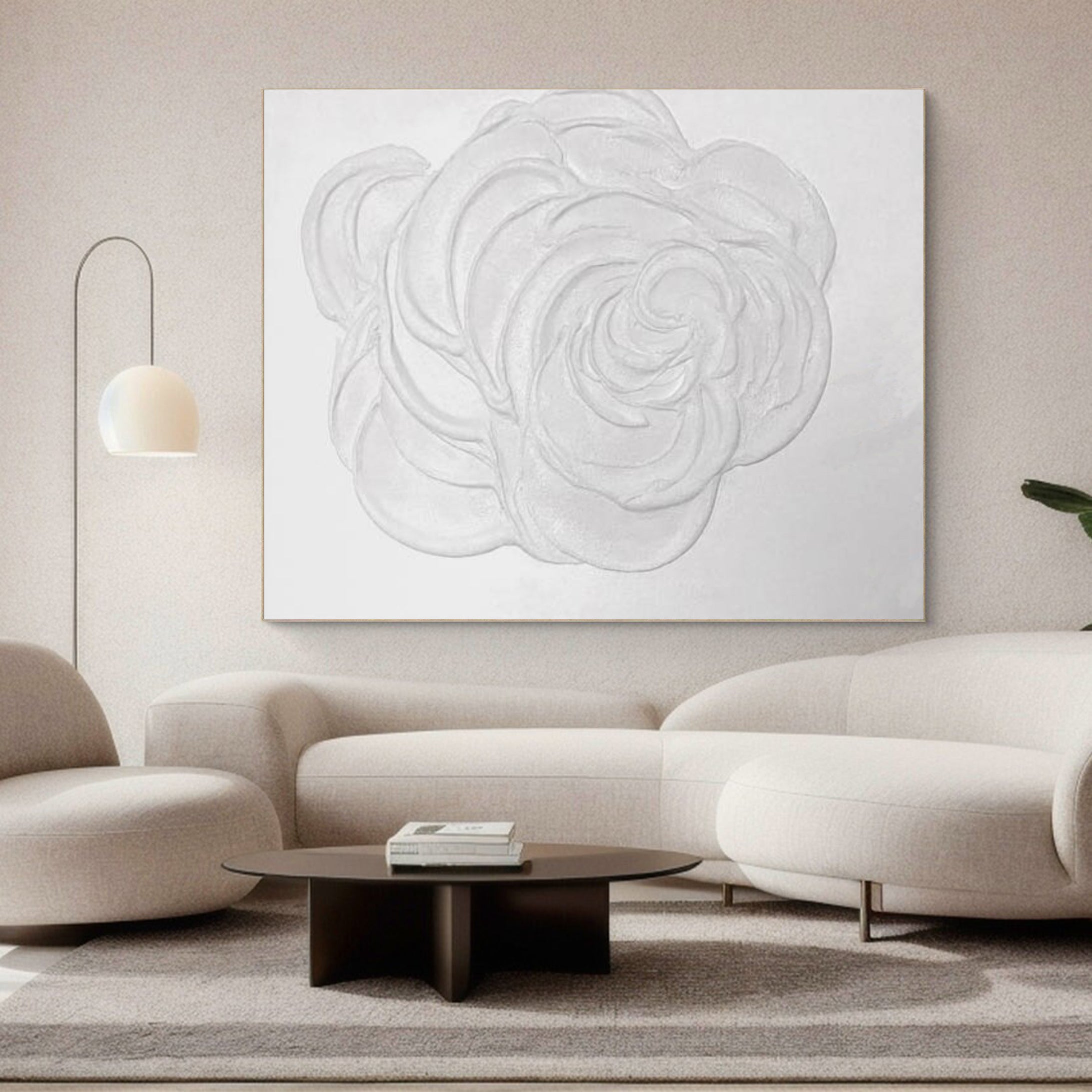 Large White Textured Rose Wall Art | Minimalist Floral Canvas #MMA 043