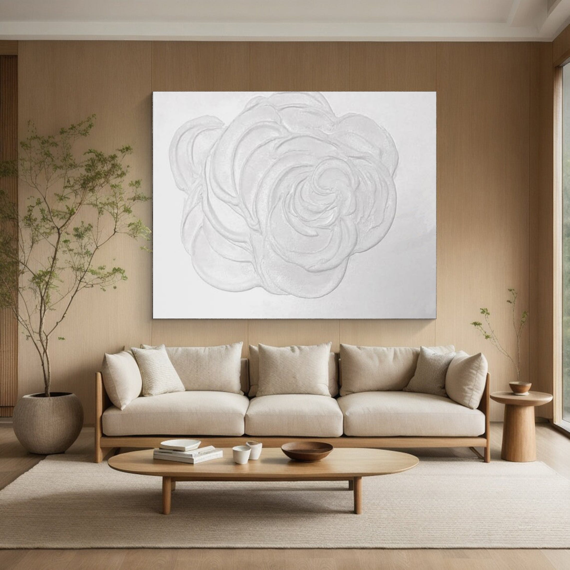 Large White Textured Rose Wall Art | Minimalist Floral Canvas #MMA 043