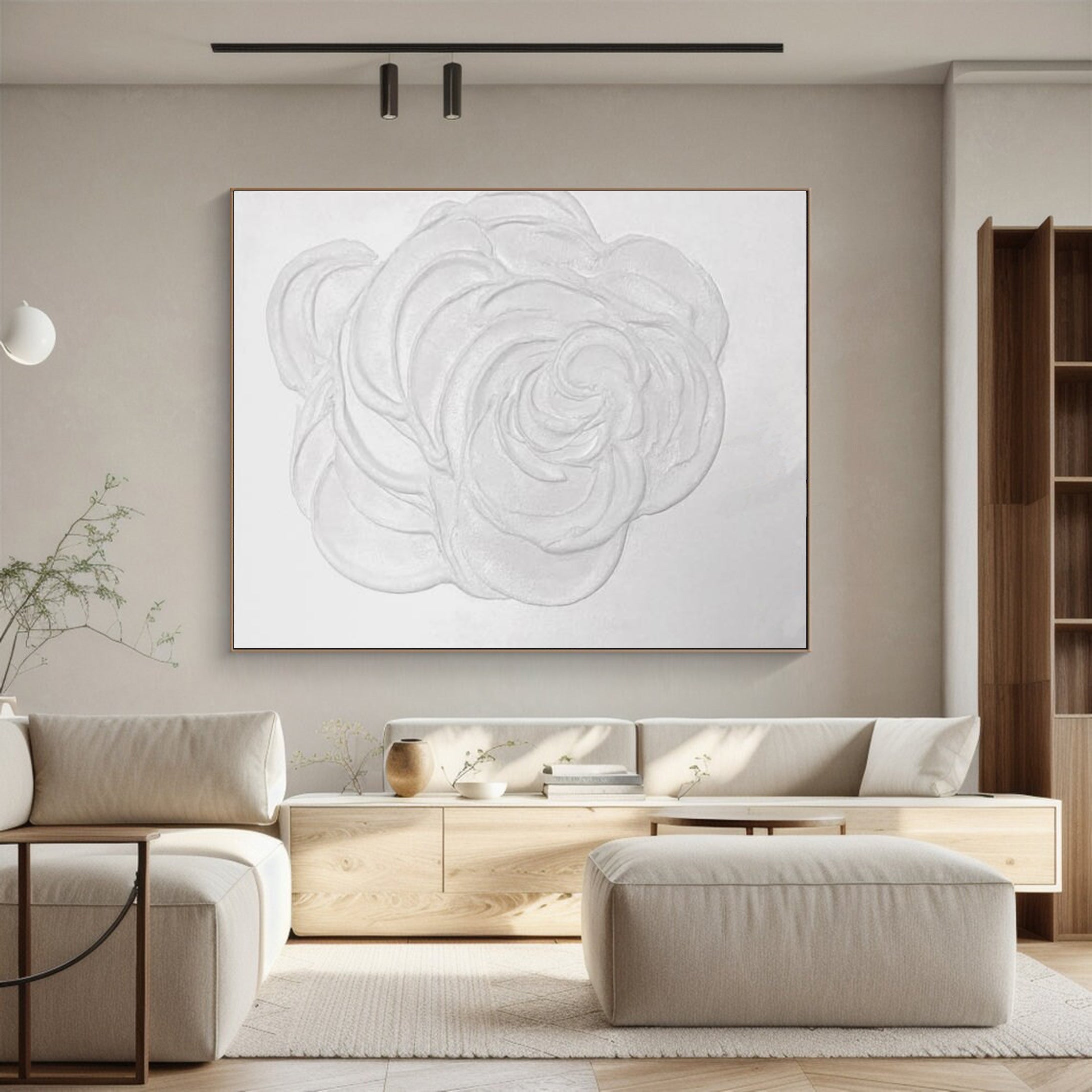 Large White Textured Rose Wall Art | Minimalist Floral Canvas #MMA 043