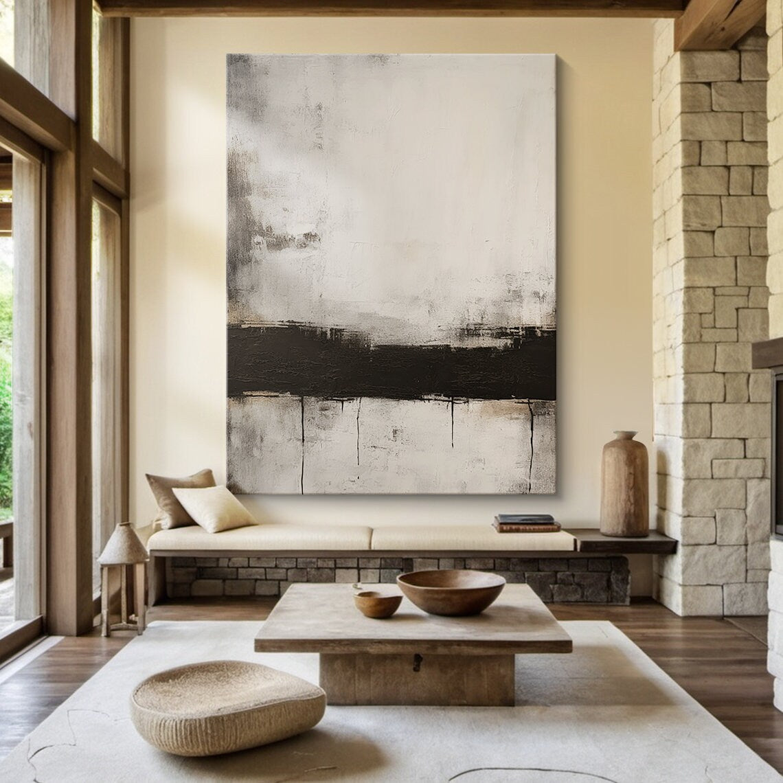 Black Stripe Abstract Painting - Large Horizontal Canvas Art #AP 109