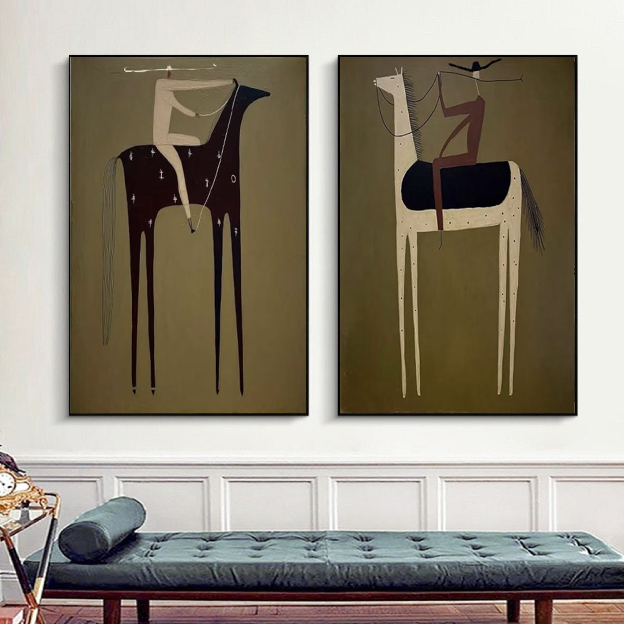 Large Olive Green Horse Wall Art Contemporary Equestrian Diptych | KeiraArt