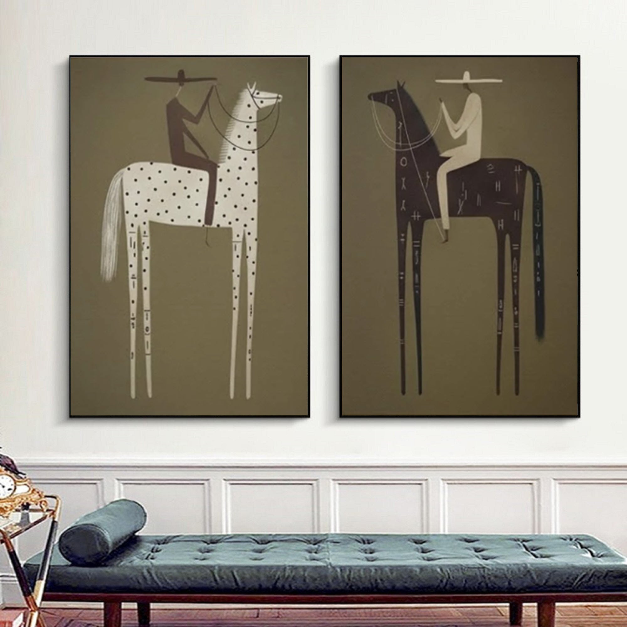 Large Bohemian Horse Rider Canvas Art Modern Neutral Diptych | KeiraArt