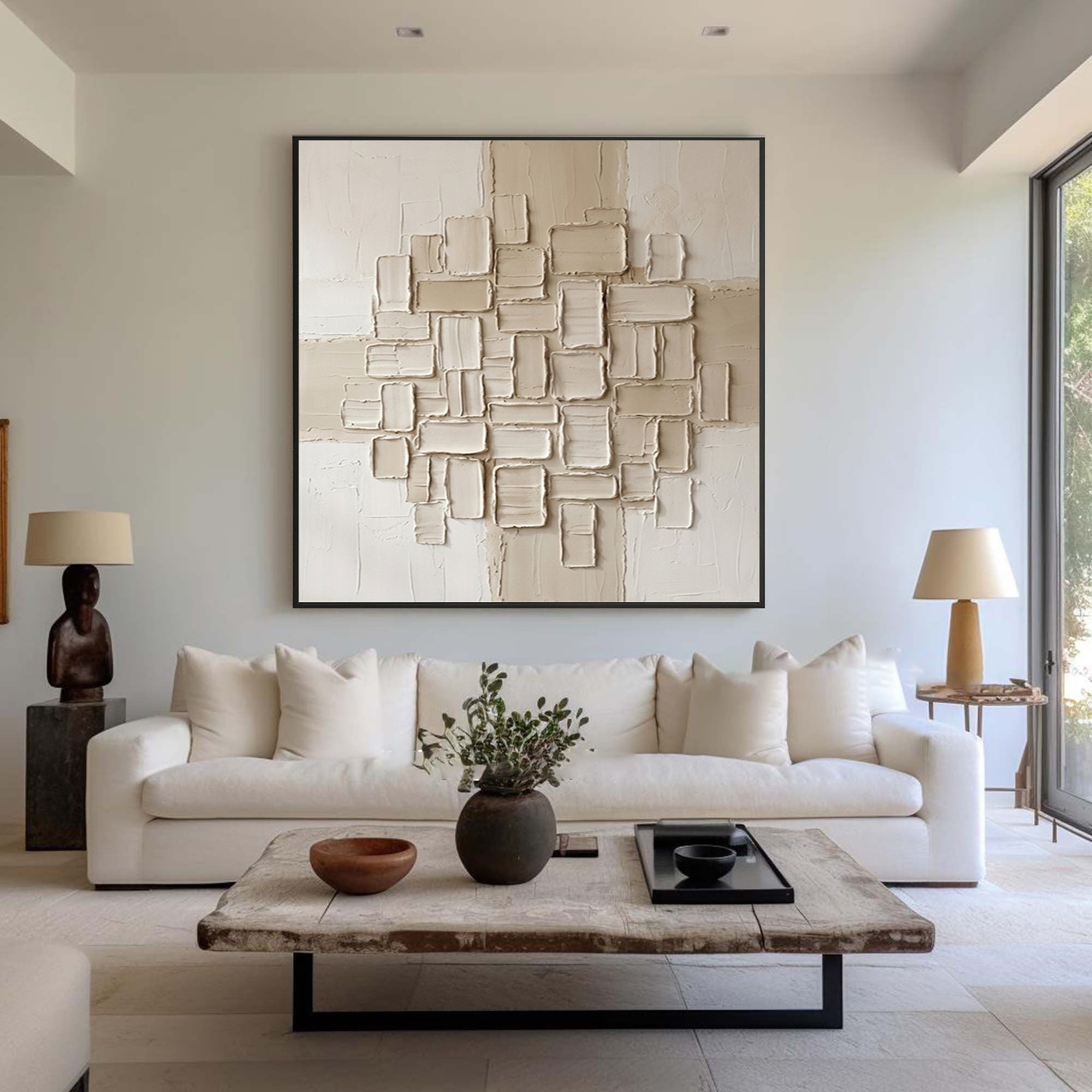 Large Architectural Tile Relief Wall Art Neutral Contemporary Textured Canvas Painting