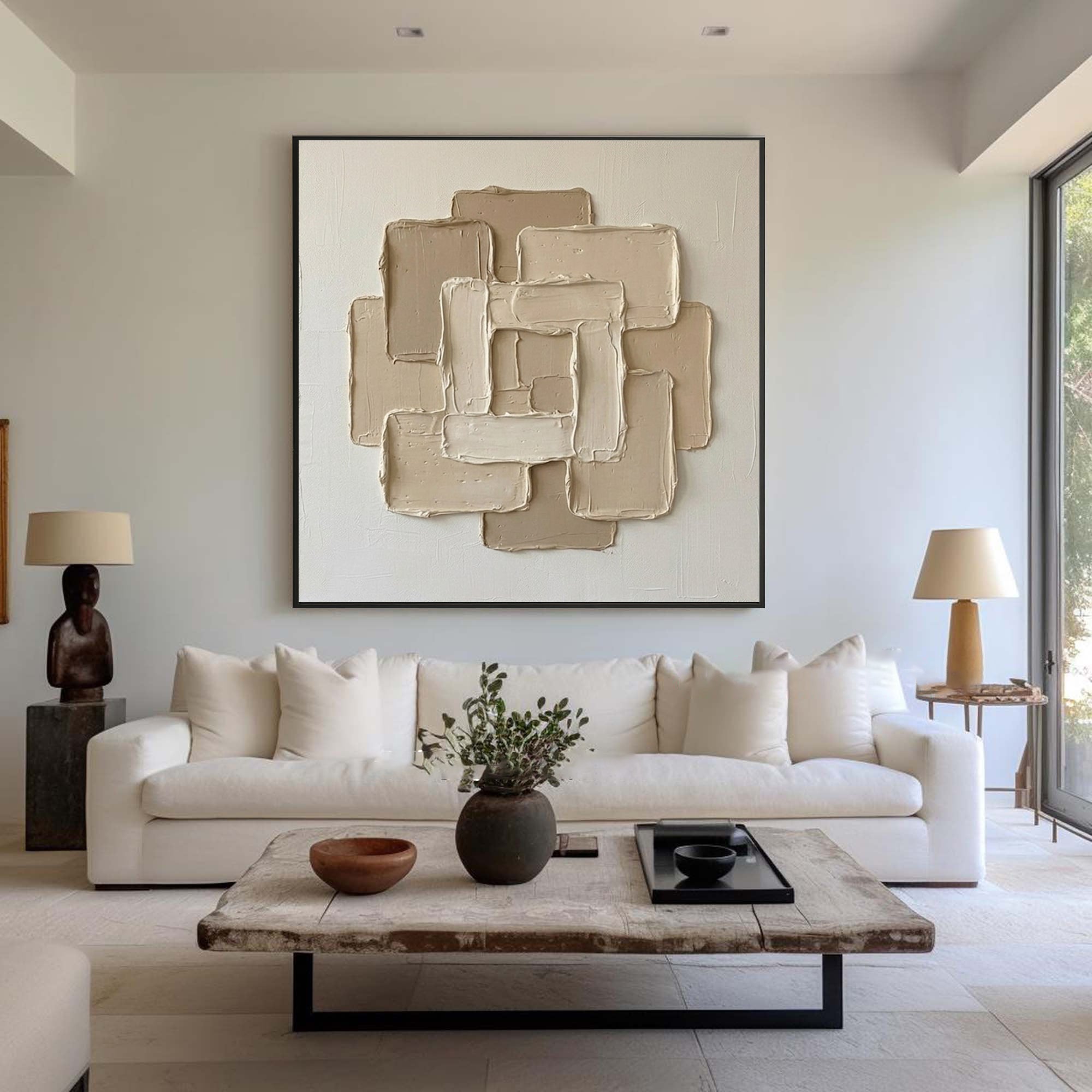 Large Geometric Relief Oil Painting – Neutral Contemporary Canvas Art