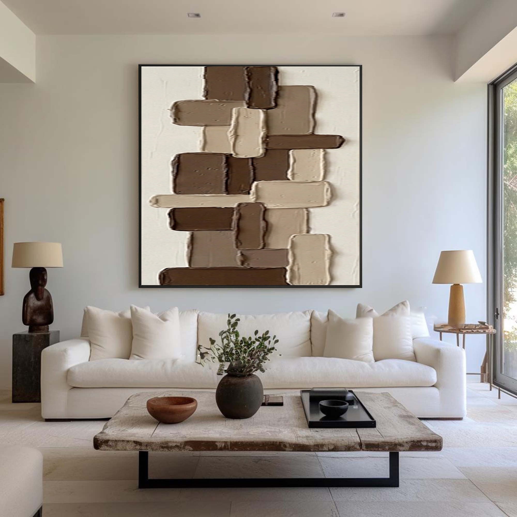Large Brown Textured Abstract Wall Art Hand Painted Geometric Canvas