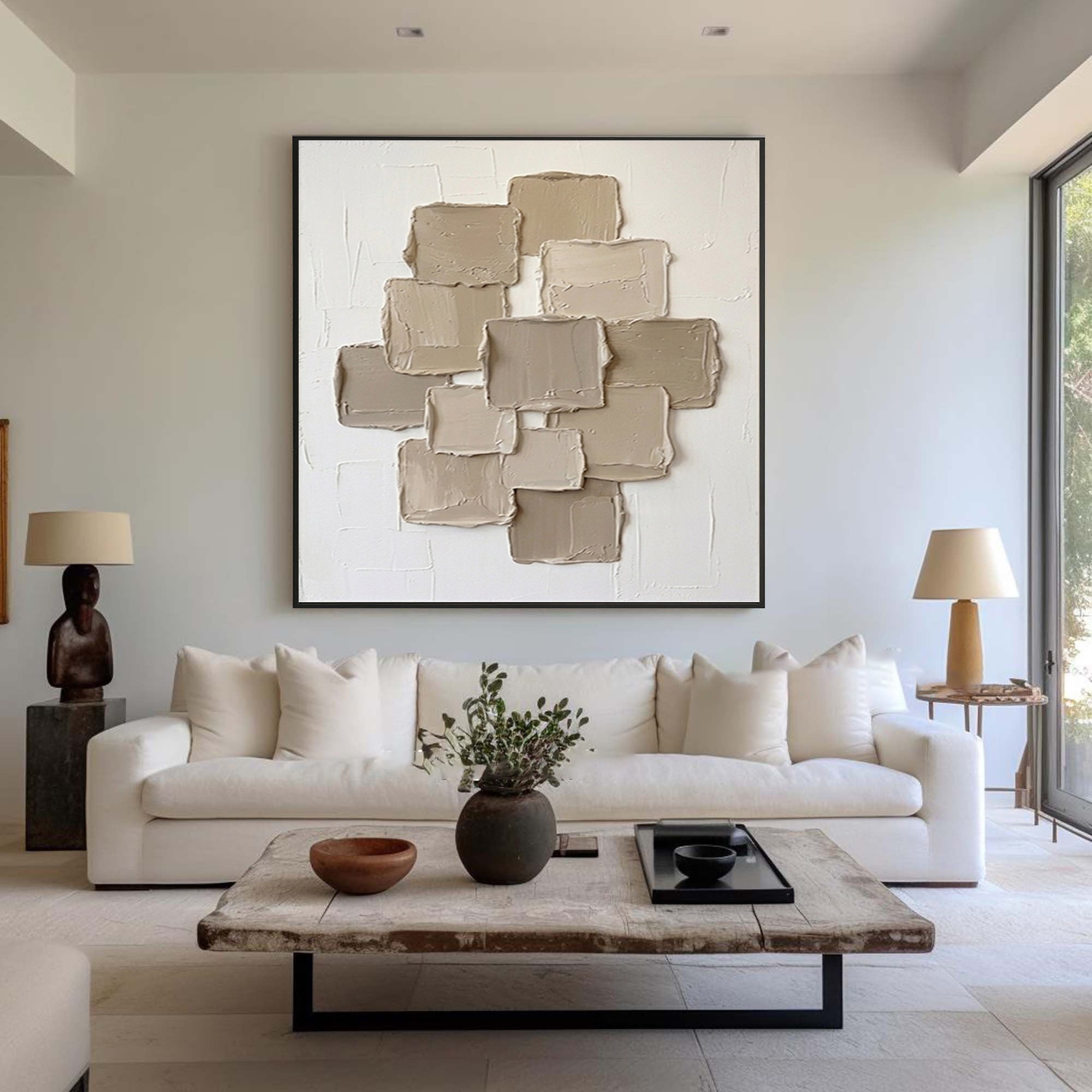 Large Stone Block Wall Art Neutral Contemporary Hand Painted Canvas Painting