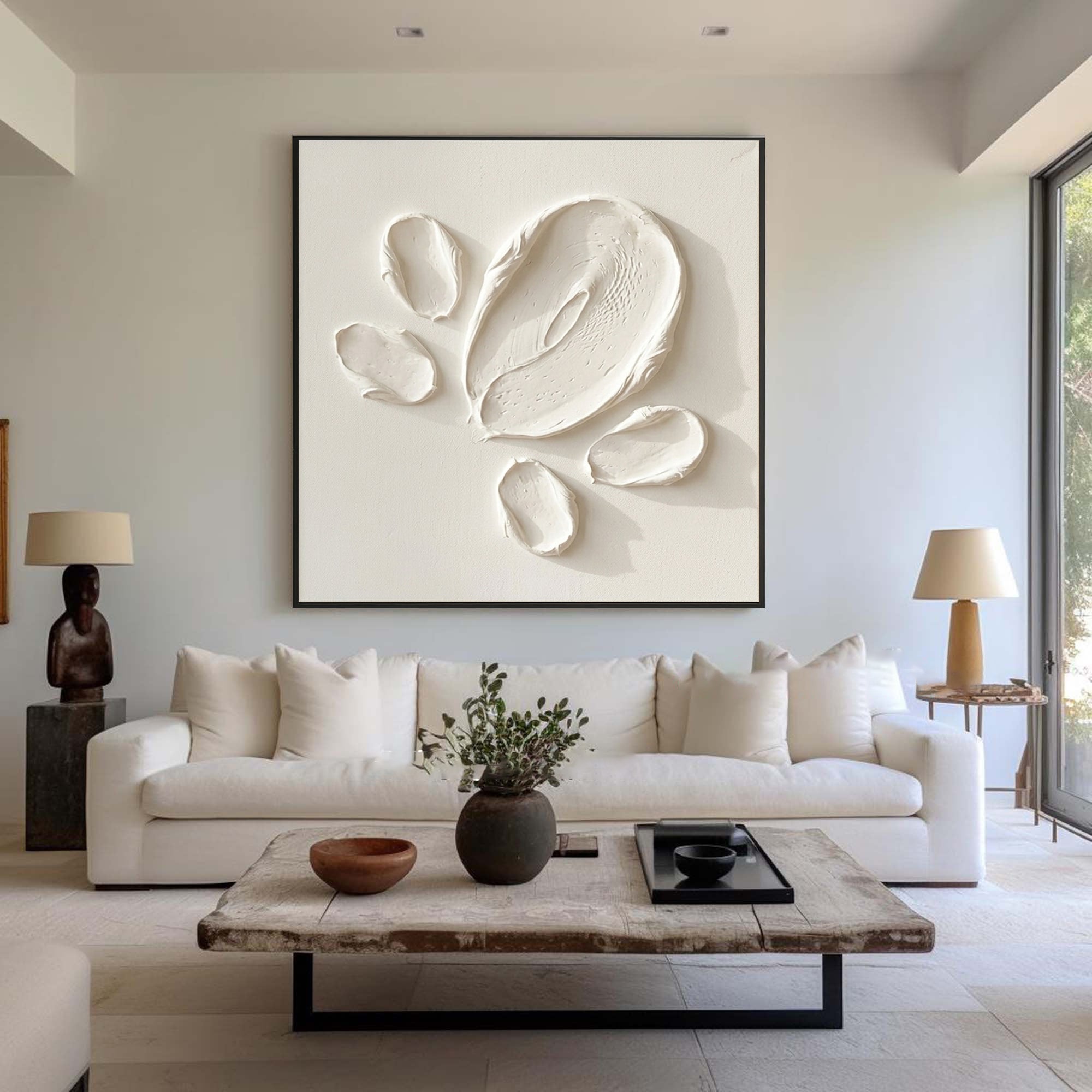 Large Contemporary Textured Oil Painting in Neutral White for Modern Home Decor