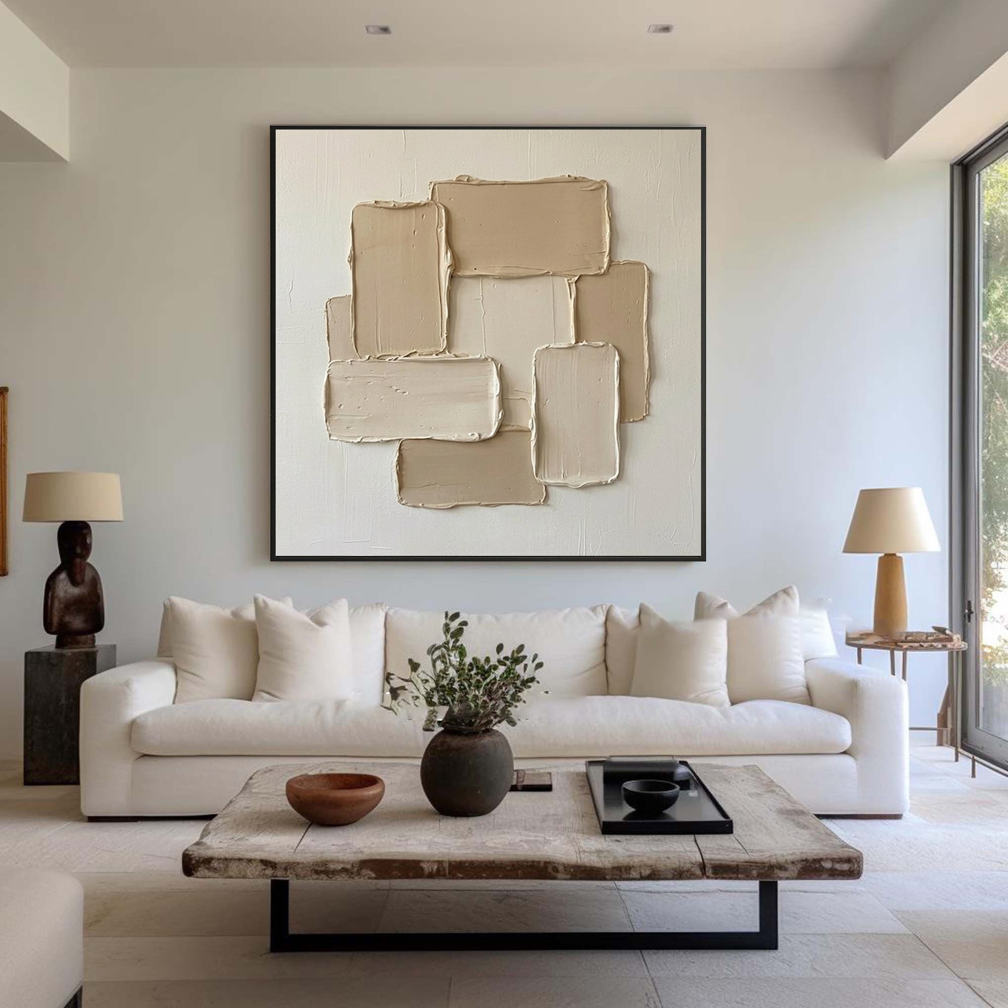 Large Contemporary Oil Painting in Beige and White with Abstract Textured Blocks