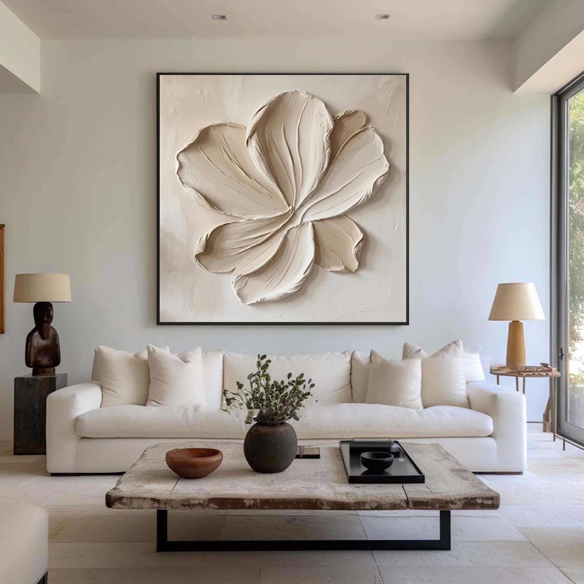 Large Organic Bloom Wall Art Neutral Contemporary Floral Texture Painting