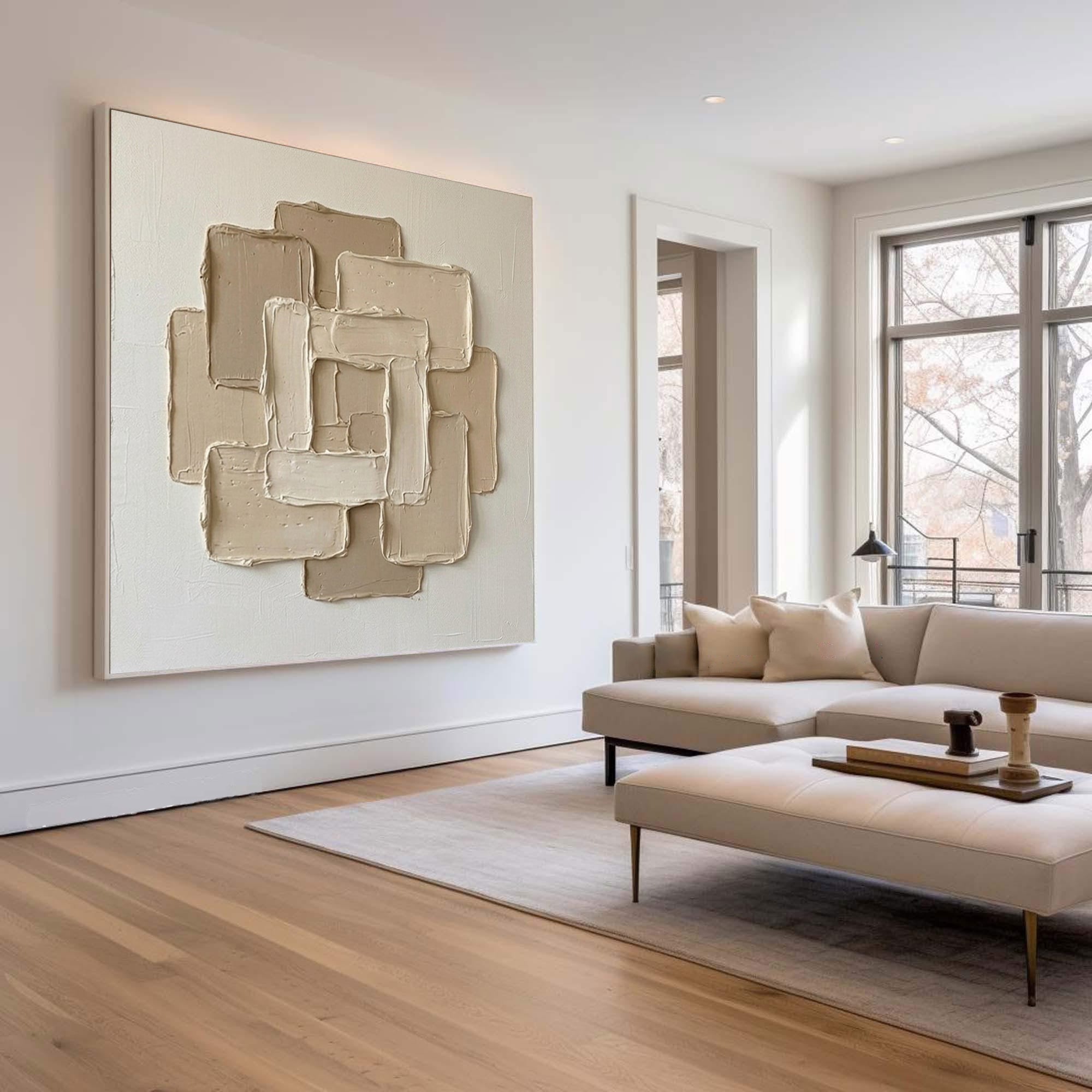 Large Geometric Relief Oil Painting – Neutral Contemporary Canvas Art