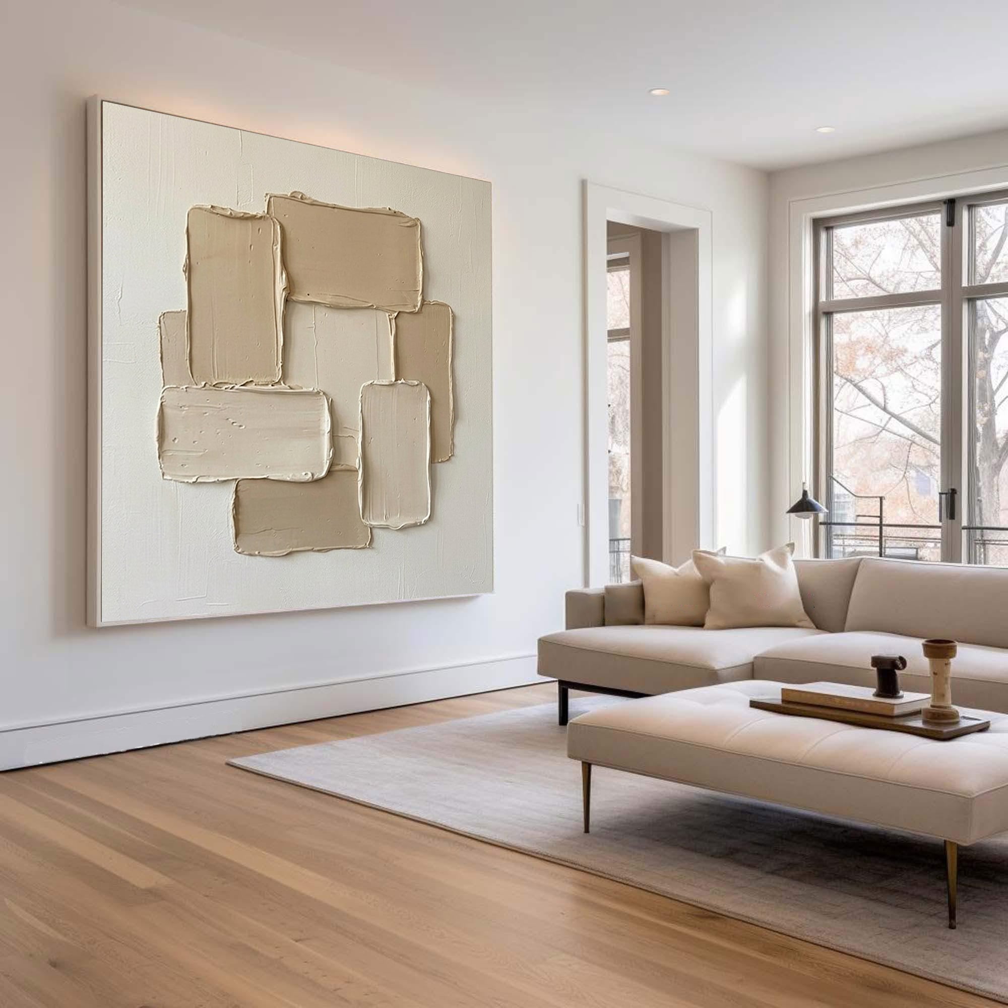 Large Contemporary Oil Painting in Beige and White with Abstract Textured Blocks