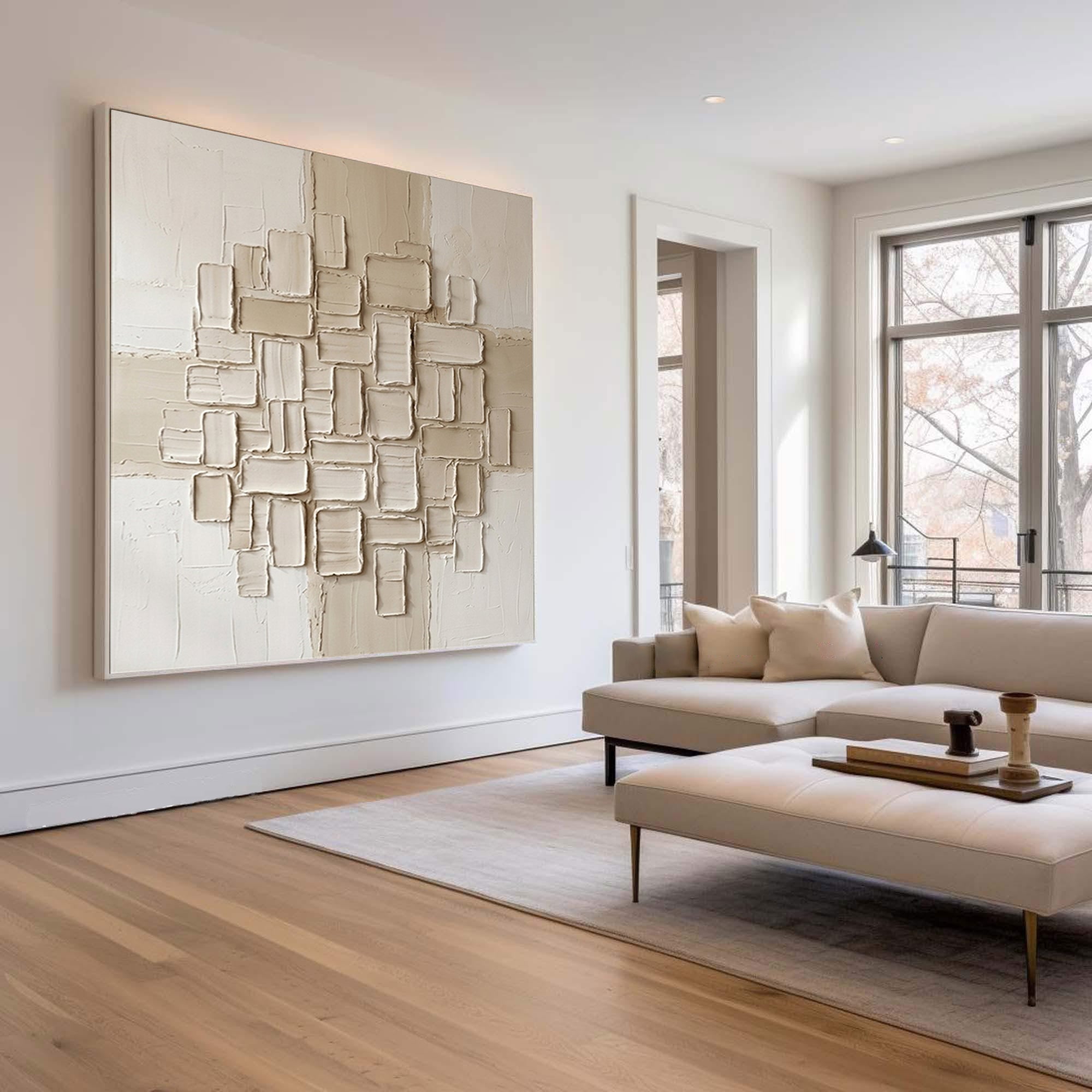 Large Architectural Tile Relief Wall Art Neutral Contemporary Textured Canvas Painting