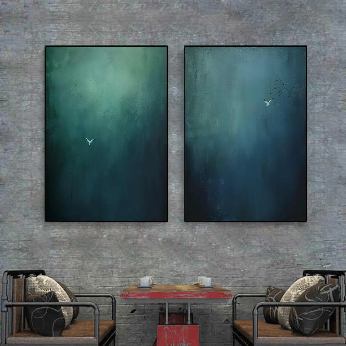 Surreal Bird Art Set of 2 Dreamlike Blue Green Abstract Paintings #OS 074