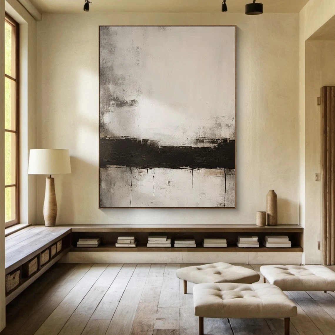 Black Stripe Abstract Painting - Large Horizontal Canvas Art #AP 109