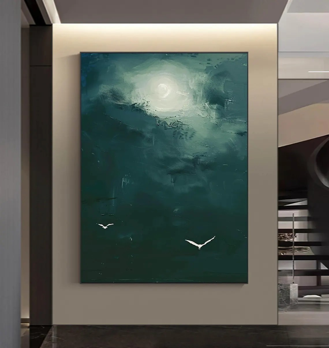 Moonlight & Birds Abstract Canvas Deep Green Wall Art #AP 077