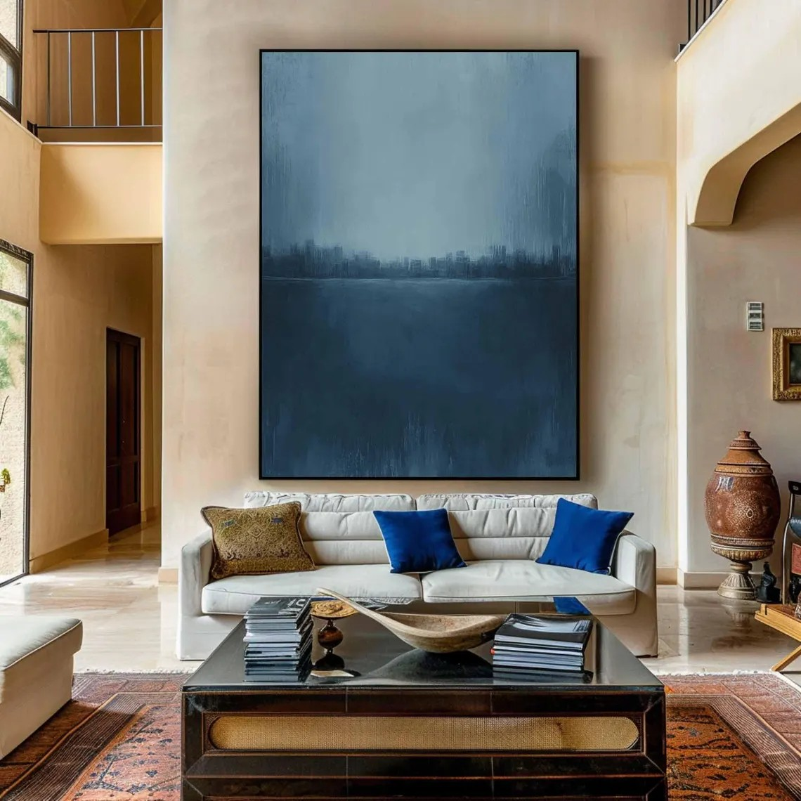 Serene Cityscape Painting Minimalist Blue Calming Wall Art #AP 083