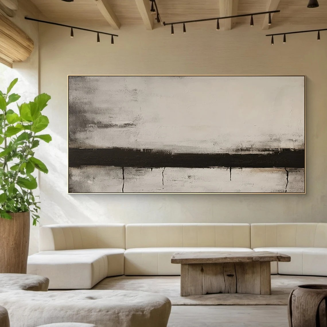 Black Stripe Abstract Painting - Large Horizontal Canvas Art