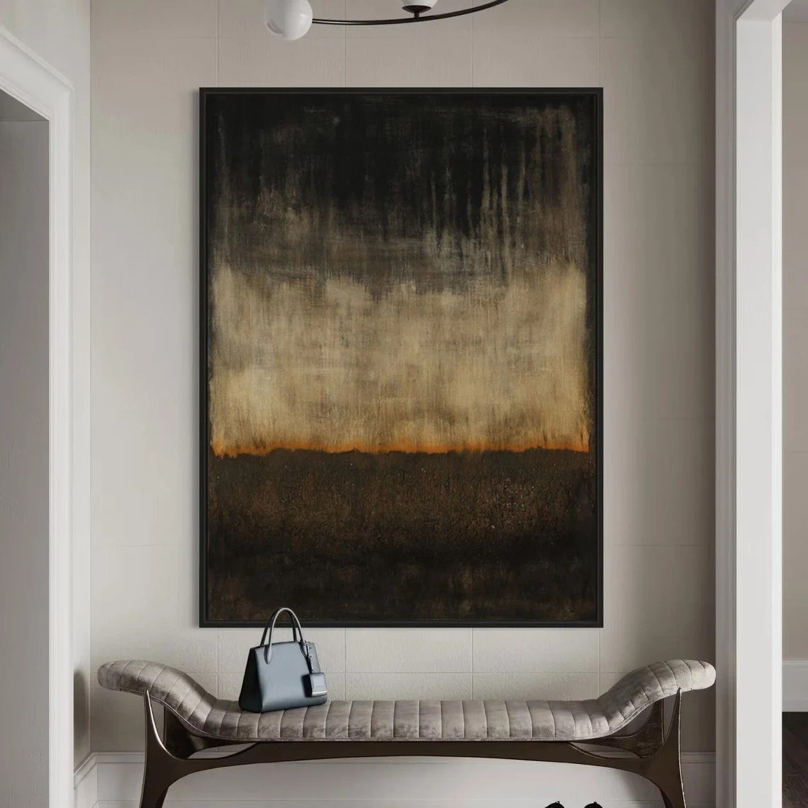 Vertical Beige Abstract Painting - Black & Orange Art