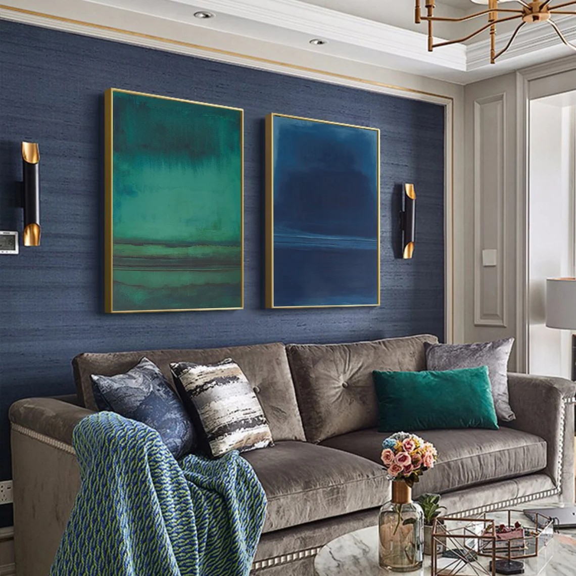 Teal and Navy Blue Abstract Art Set of 2 for Modern Wall Decor #AP 084