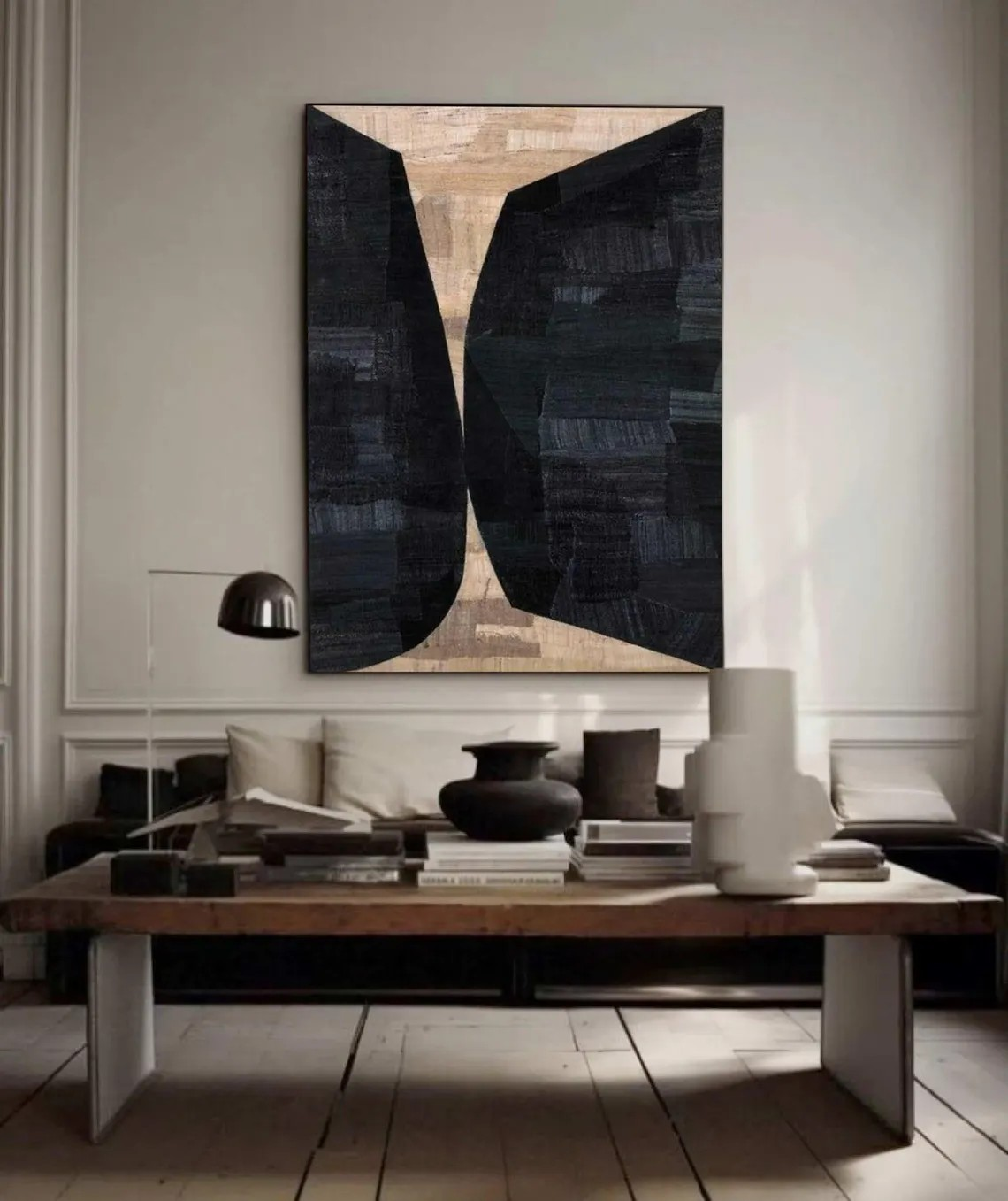 Geometric Abstract Painting Black and Beige Wall Art #AP 091