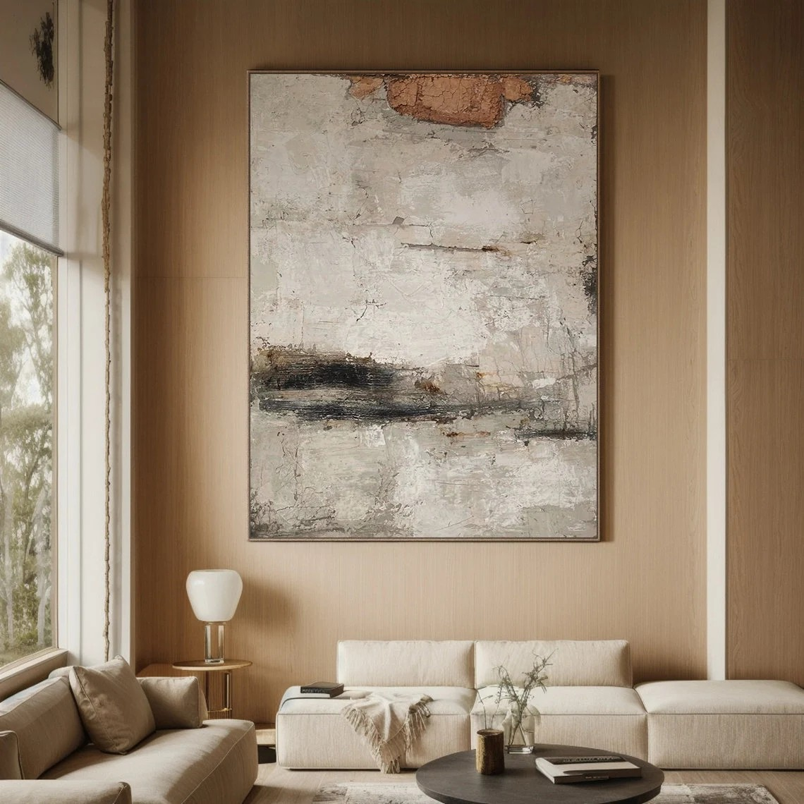 Large Beige Abstract Painting - Wabi Sabi Style Canvas Art #AP 108