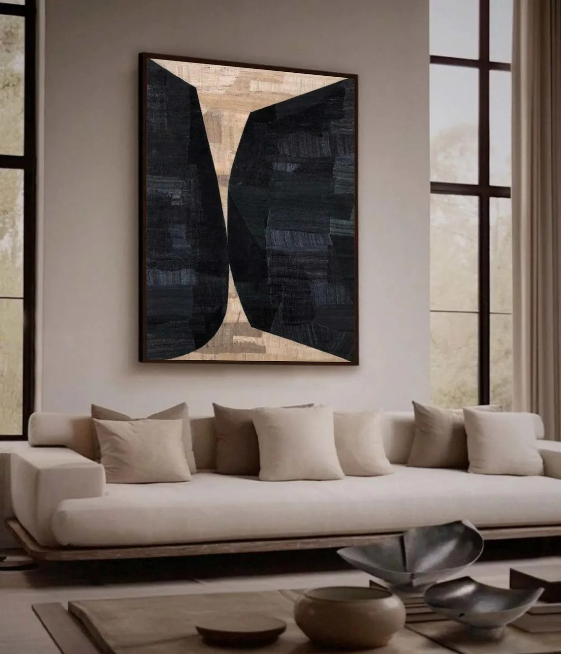 Geometric Abstract Painting Black and Beige Wall Art #AP 091