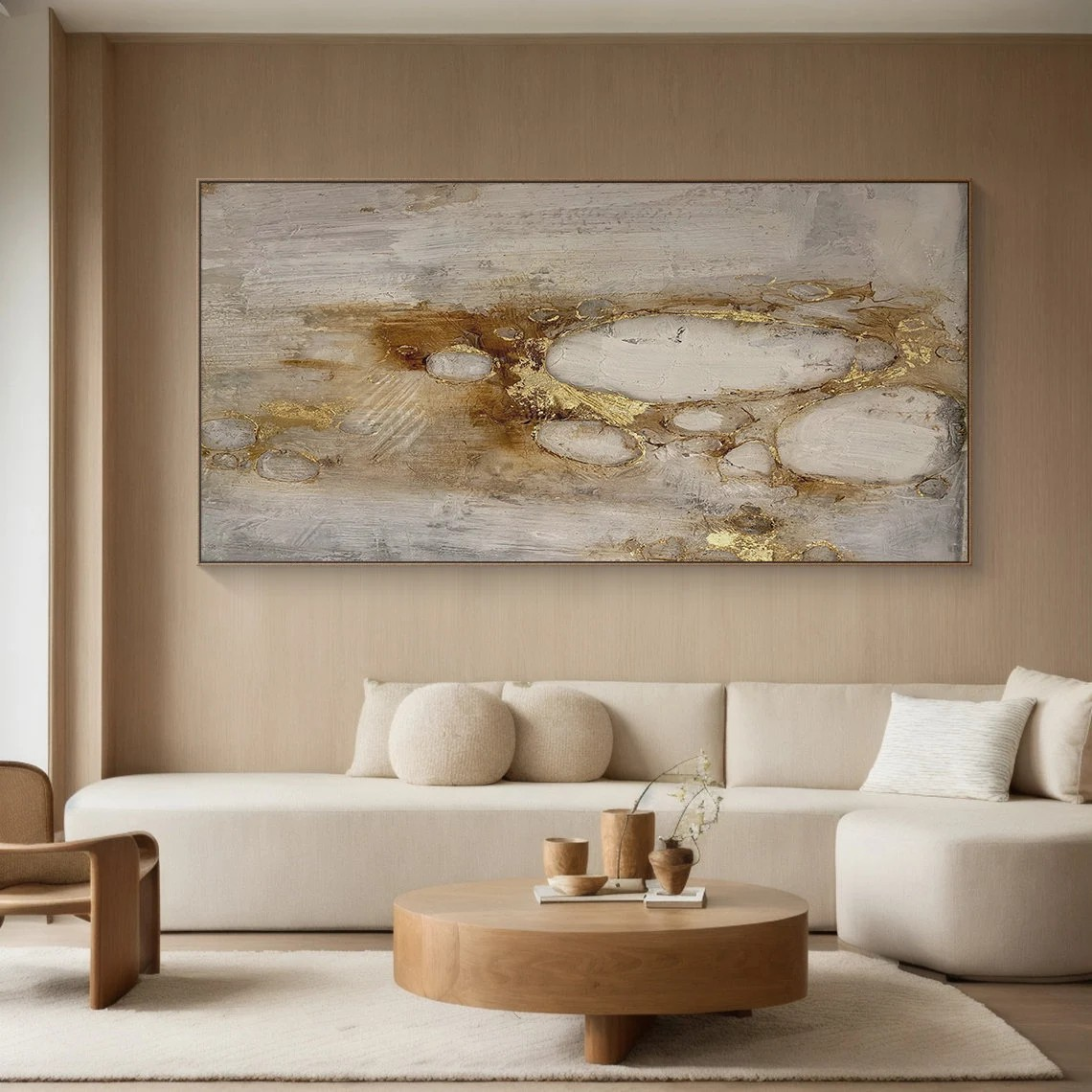 Neutral Textured Abstract Art with Gold Accents