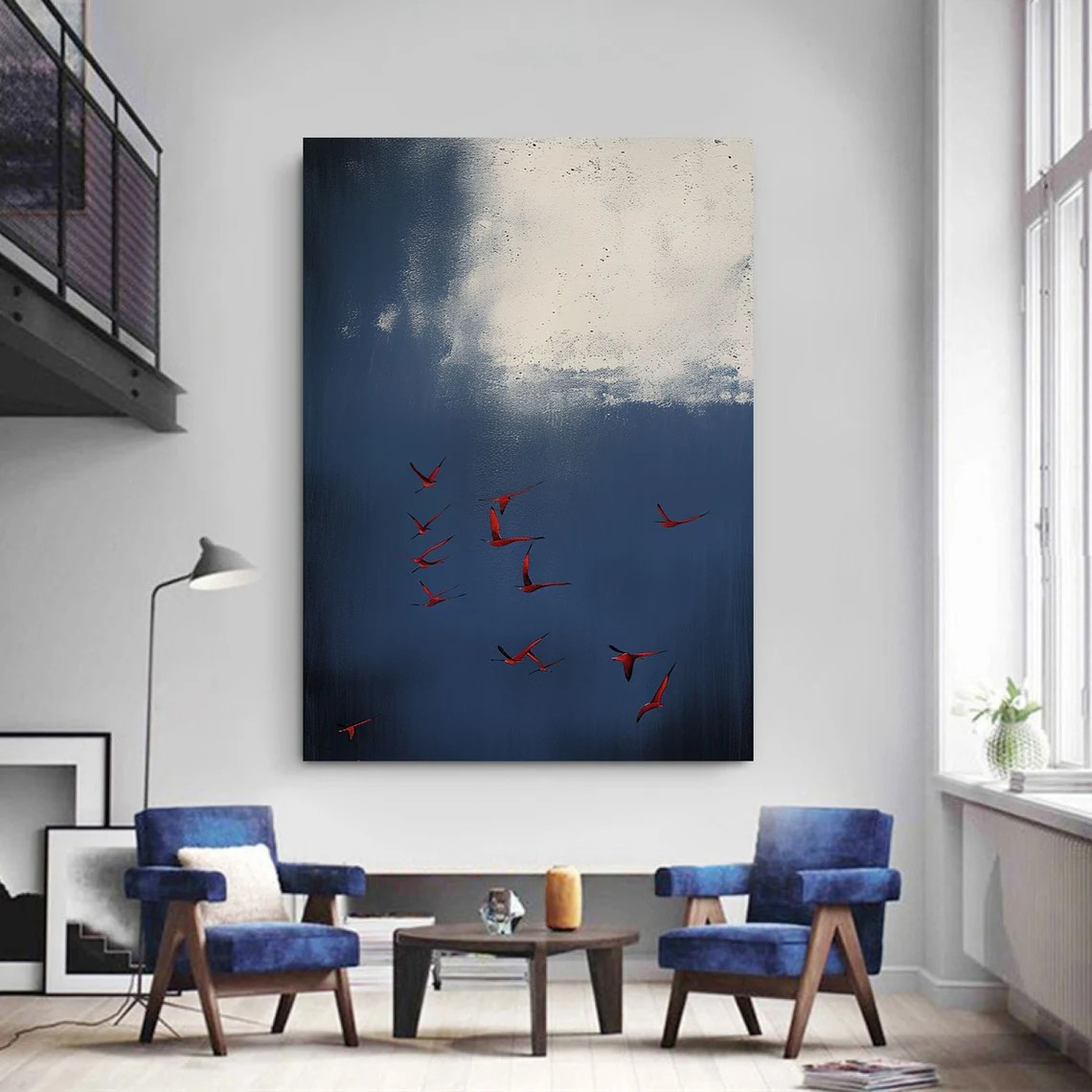 Red Birds in Blue Sky – Elegant Abstract Wall Decor #OS 076