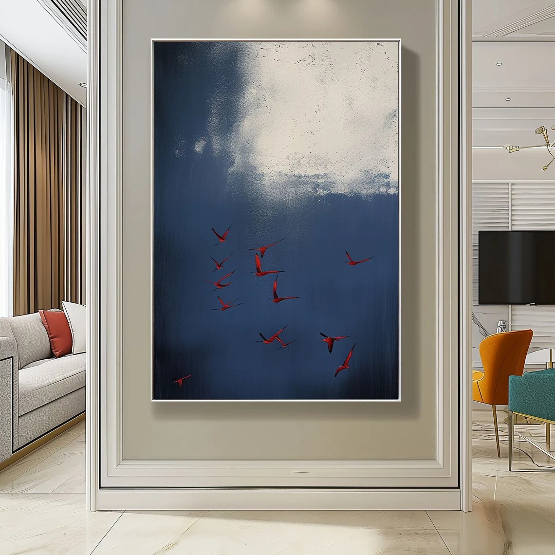 Red Birds in Blue Sky – Elegant Abstract Wall Decor