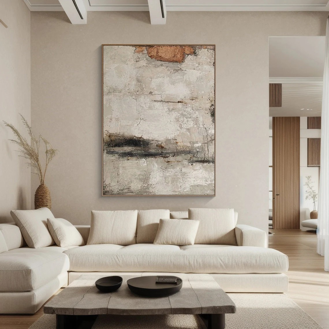 Large Beige Abstract Painting - Wabi Sabi Style Canvas Art #AP 108