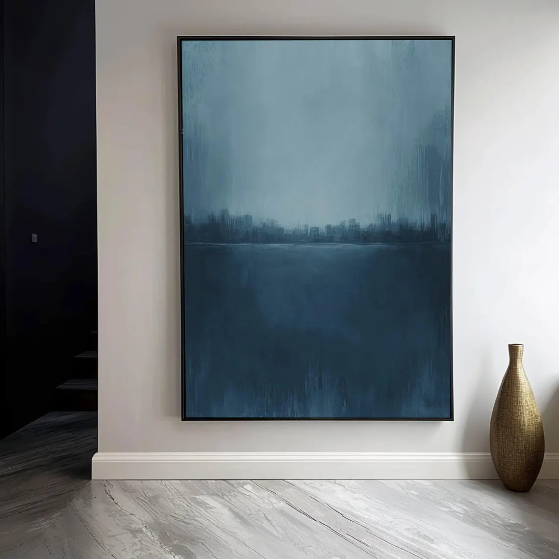 Serene Cityscape Painting Minimalist Blue Calming Wall Art #AP 083