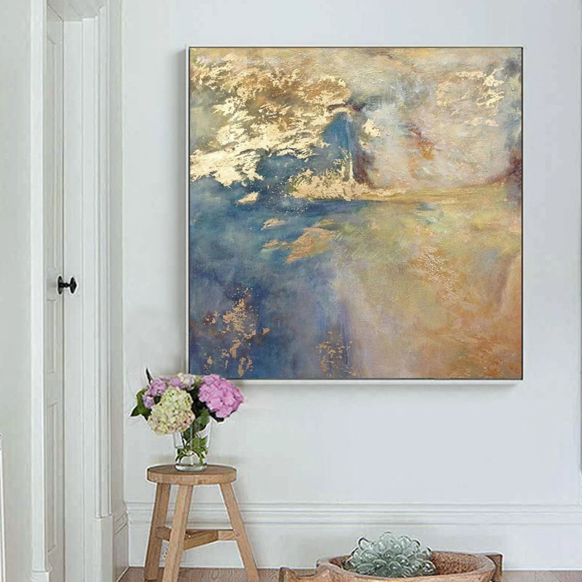 Large Modern Gold Accent Abstract - Blue Oil Painting #AP 115