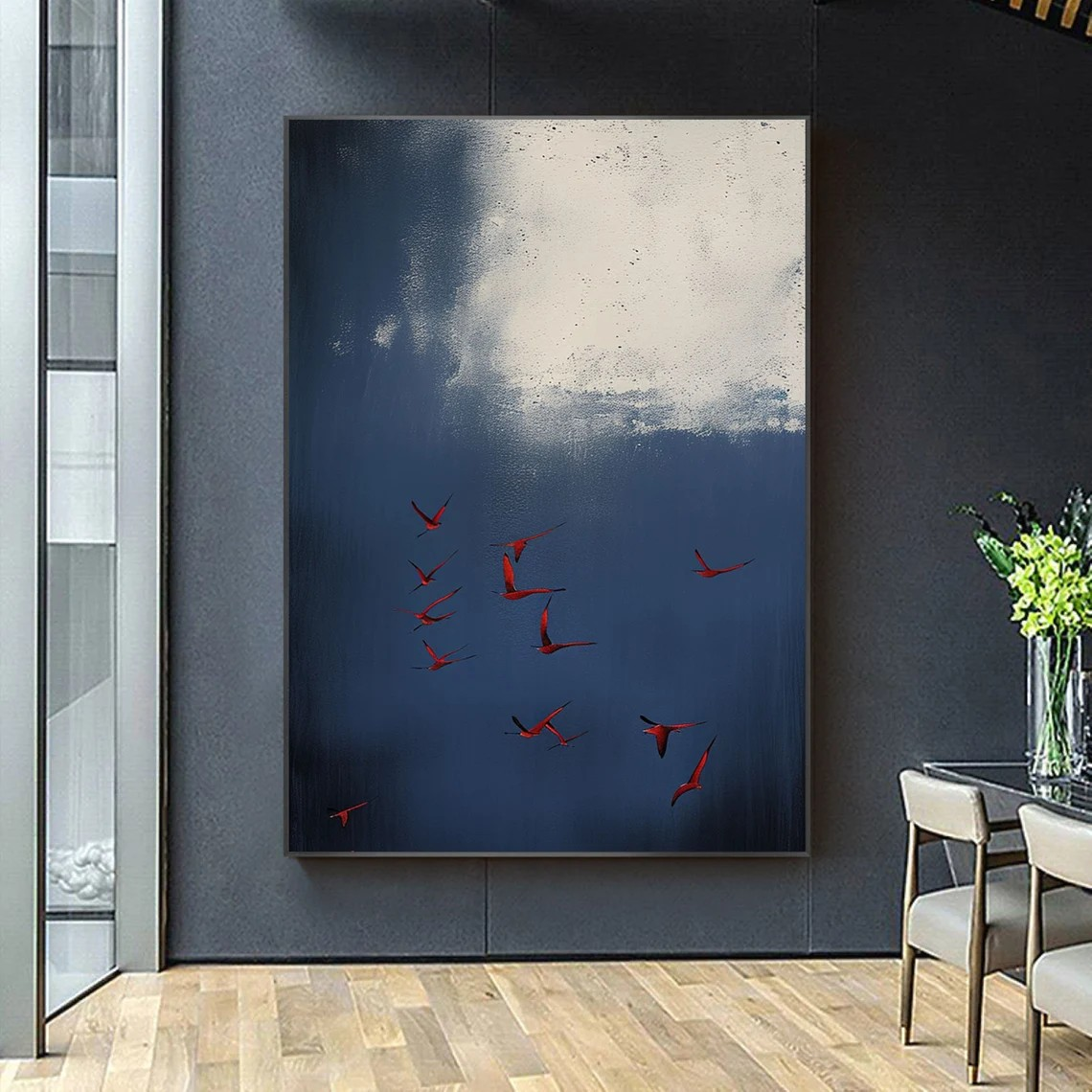 Red Birds in Blue Sky – Elegant Abstract Wall Decor #OS 076