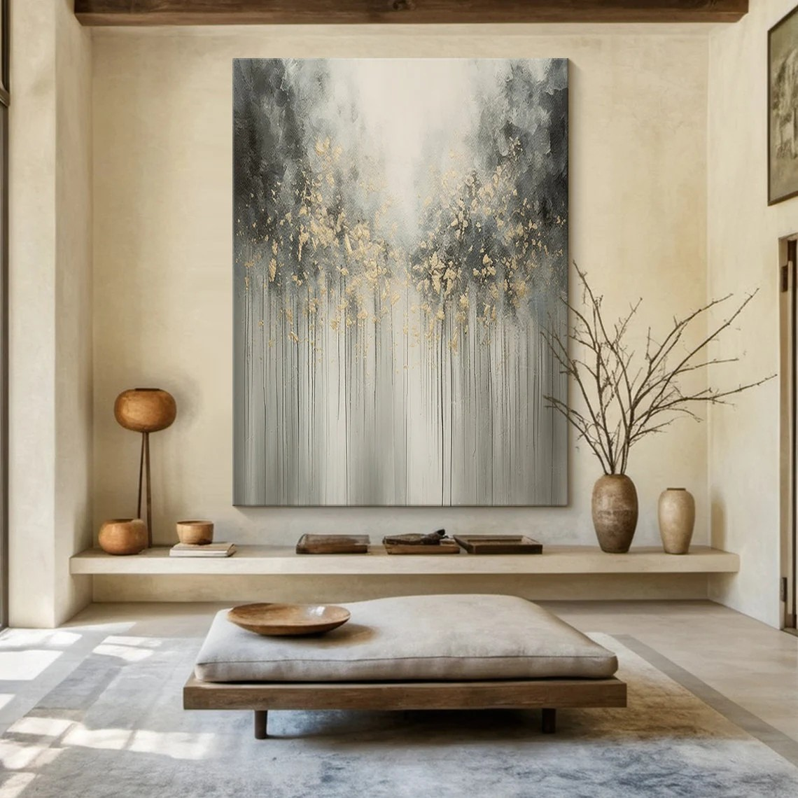Grey and Gold Abstract Landscape Painting - Modern Wall Art #FT 058