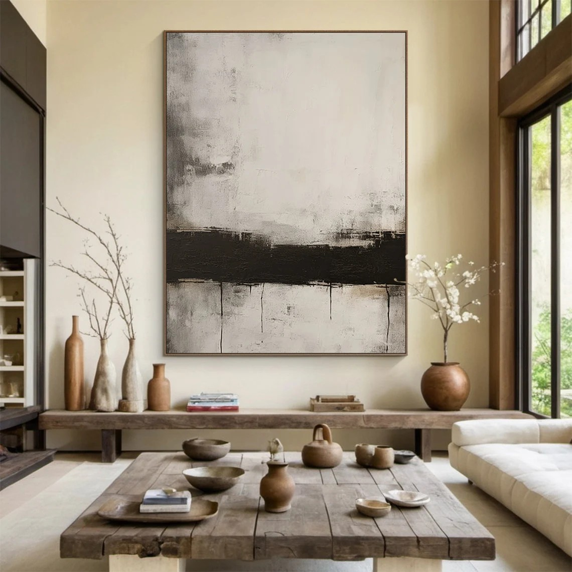 Black Stripe Abstract Painting - Large Horizontal Canvas Art #AP 109