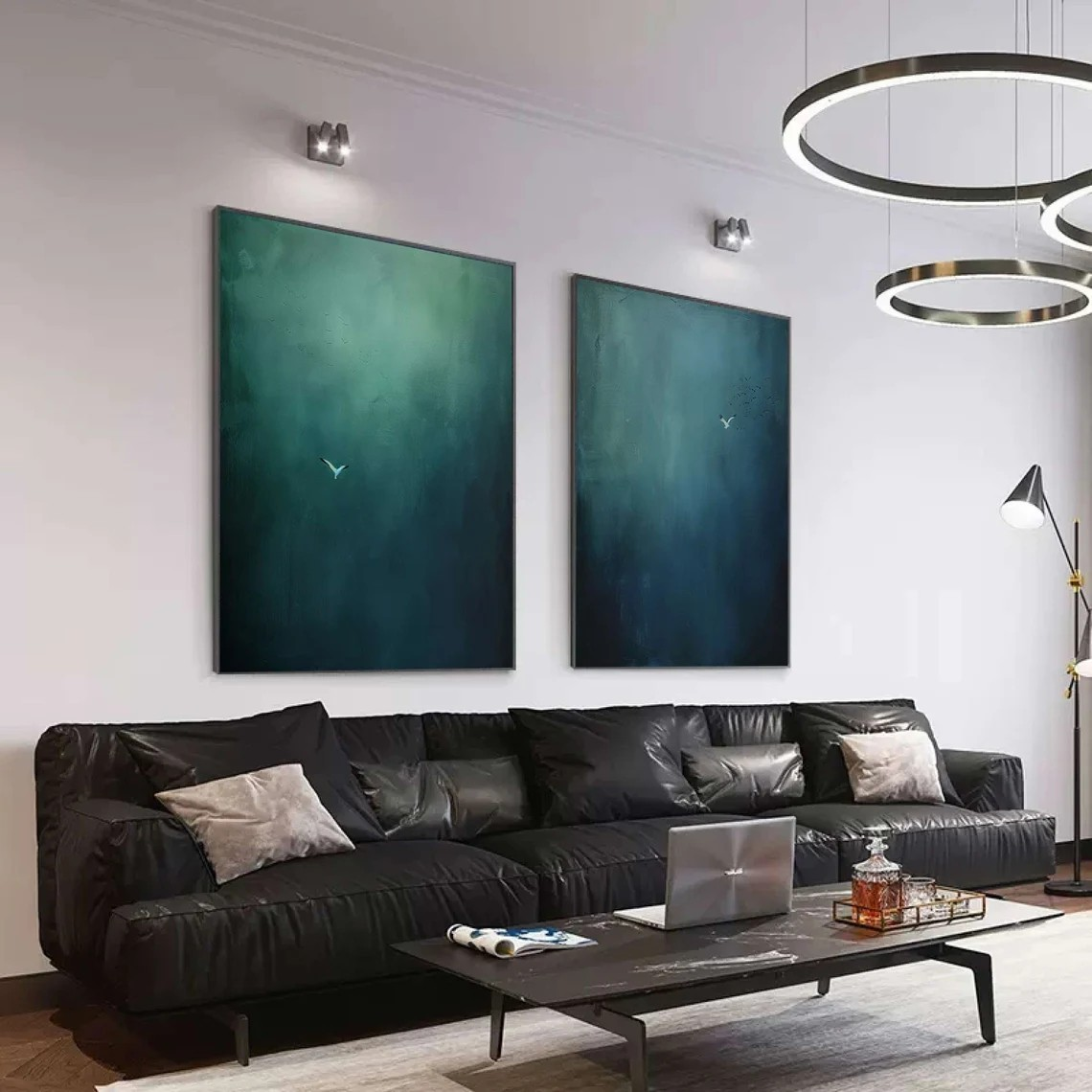Surreal Bird Art Set of 2 Dreamlike Blue Green Abstract Paintings #OS 074