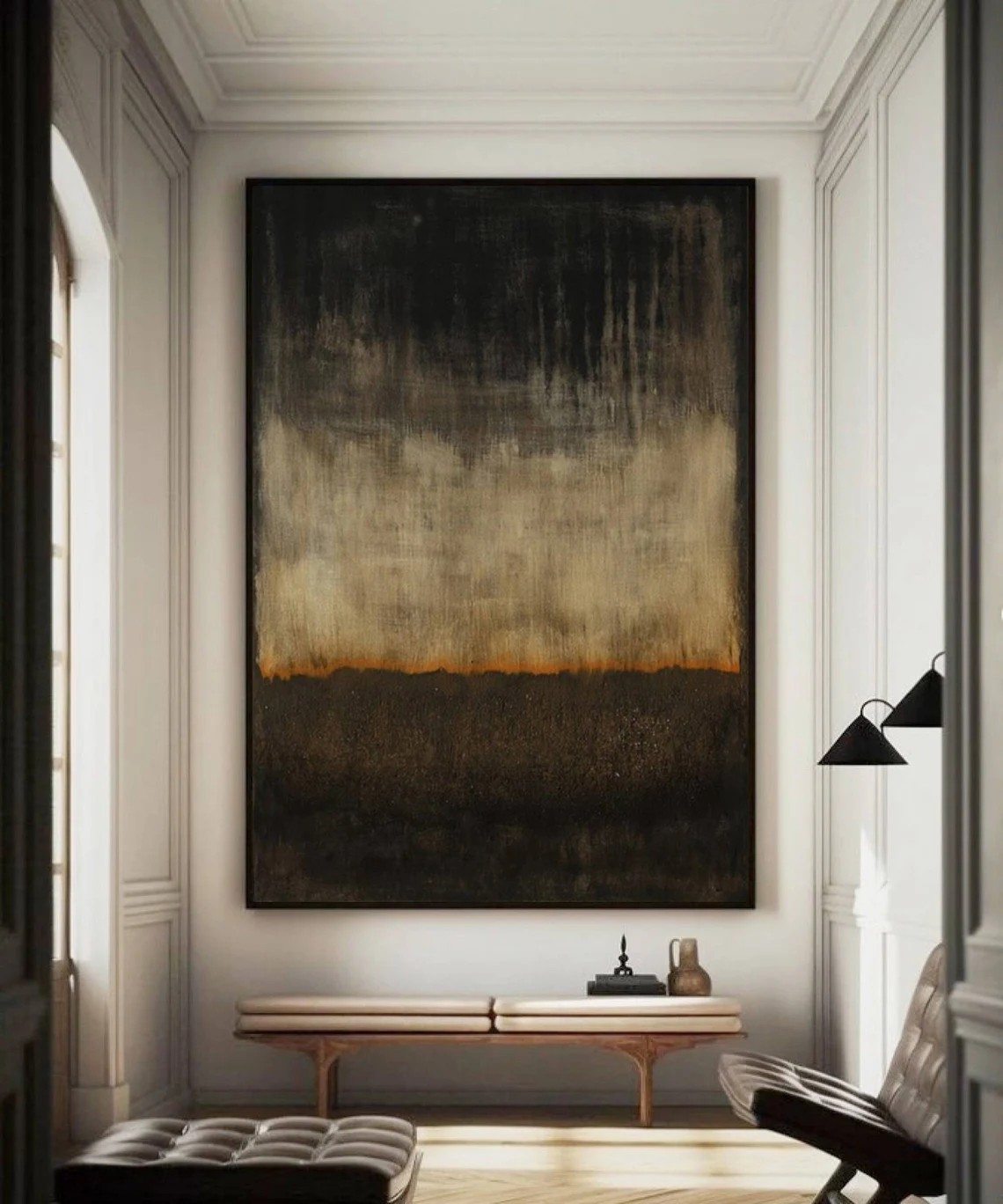 Vertical Beige Abstract Painting - Black & Orange Art #AP 120