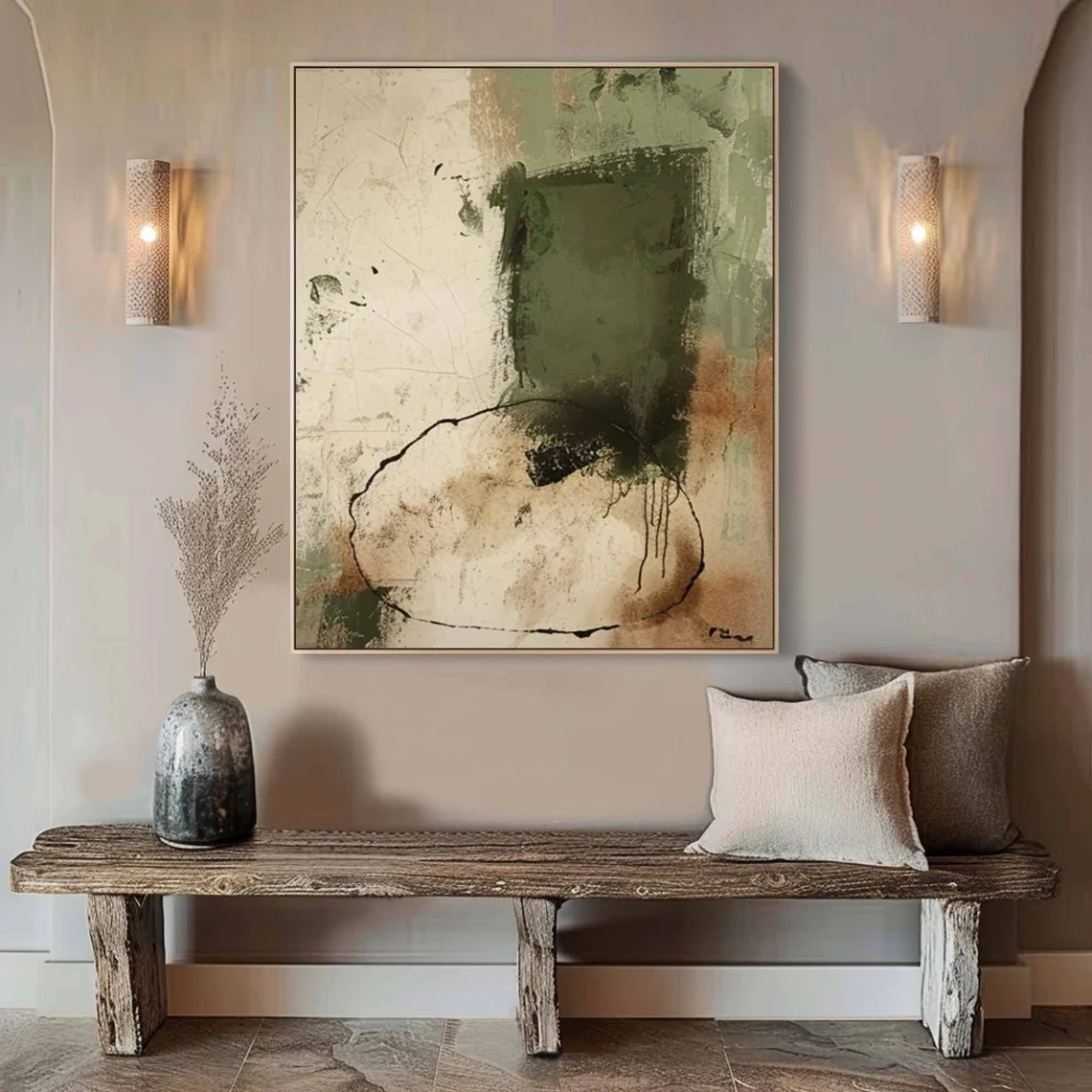 Abstract Green and Beige Wall Art Contemporary Wall Decor #AP 124