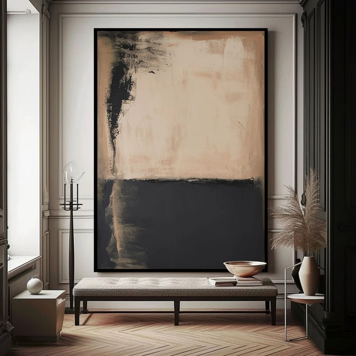 Large Minimalist Beige & Black Abstract Canvas Art