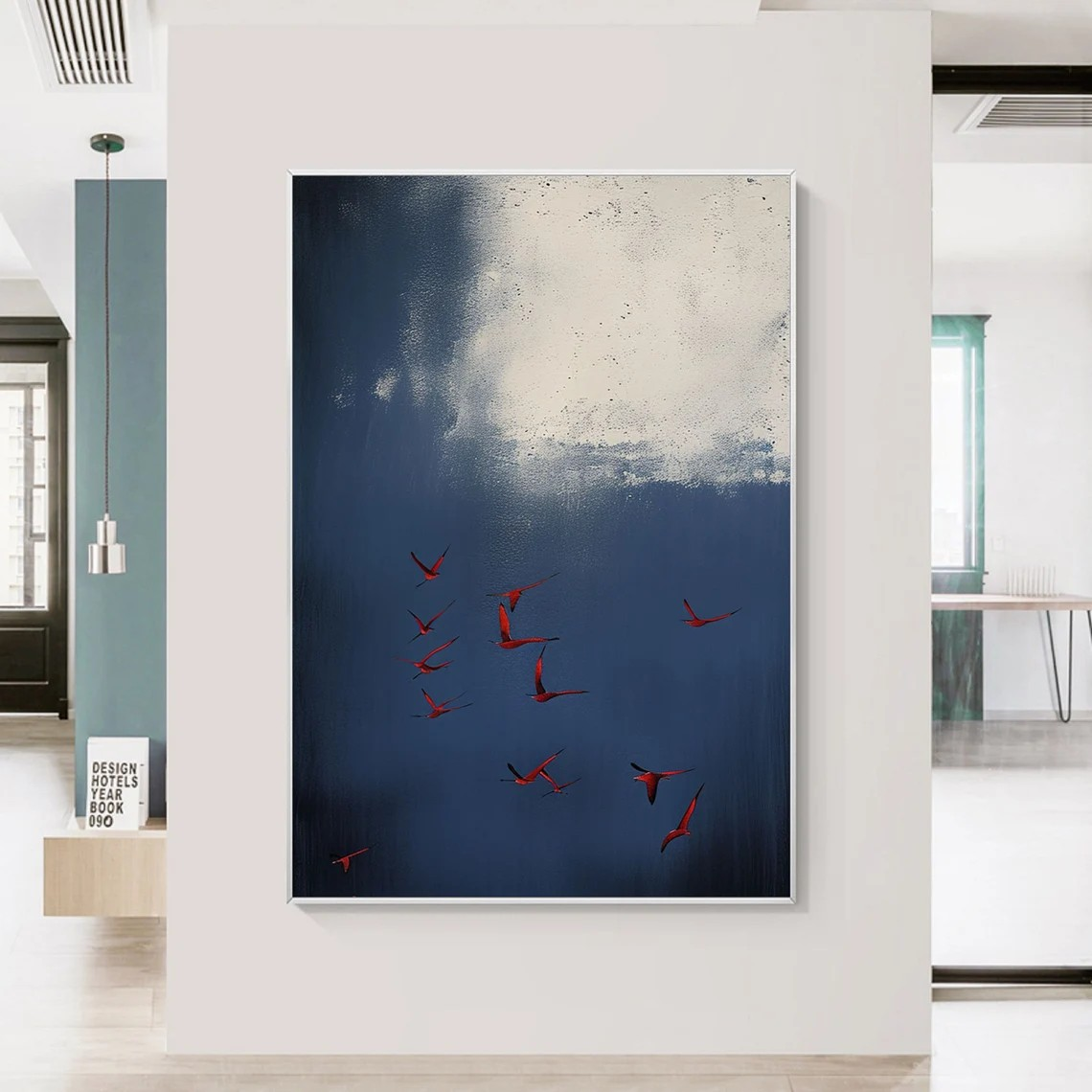 Red Birds in Blue Sky – Elegant Abstract Wall Decor #OS 076