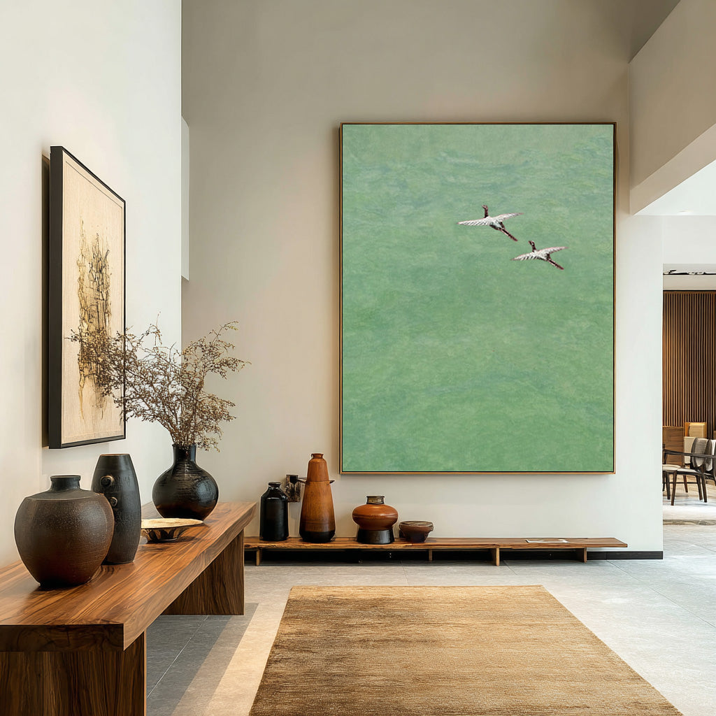 Modern Crane Silhouette Art | Muted Green Wall Decor #AG 086