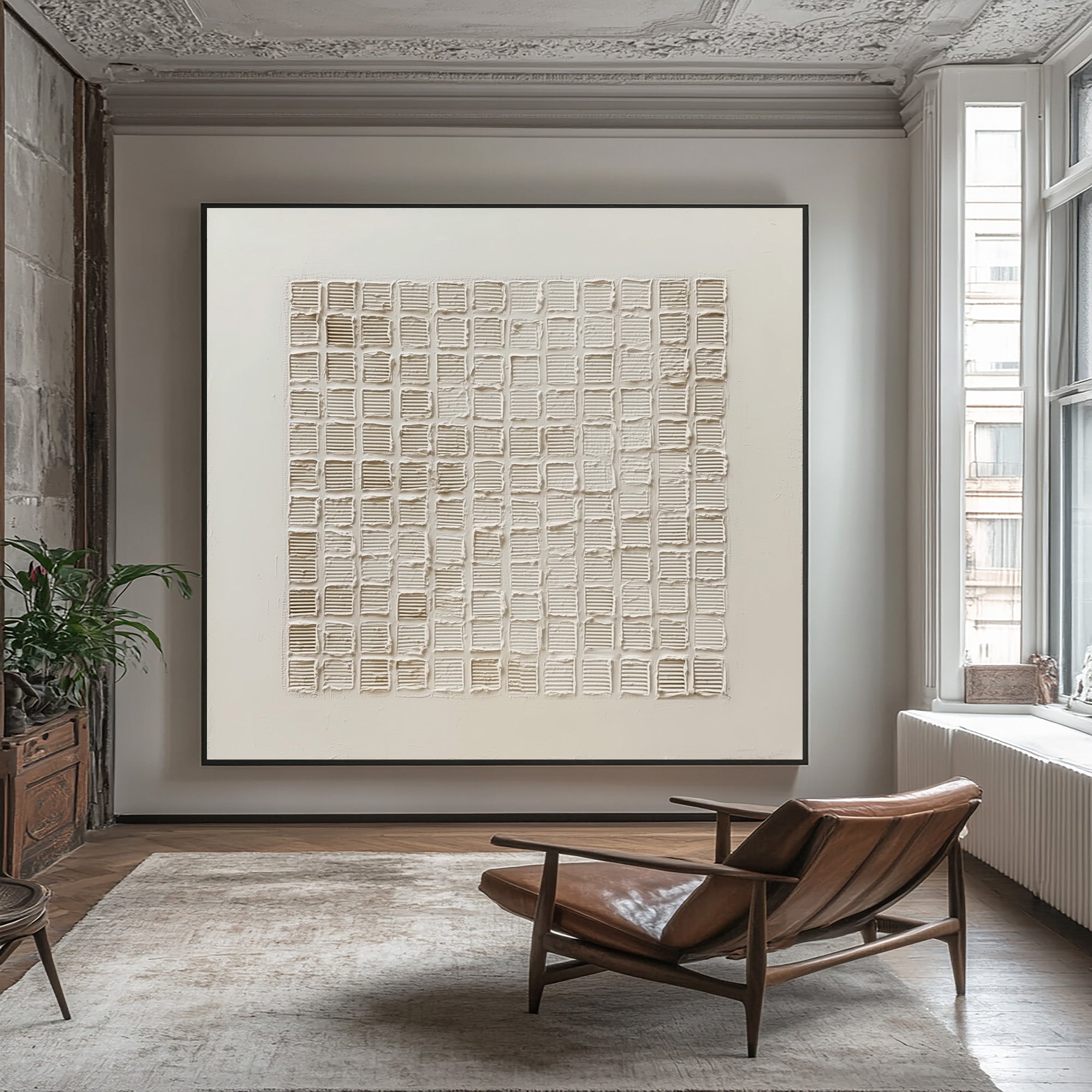 Large Textured Grid Art - Minimalist White Abstract #AG 058