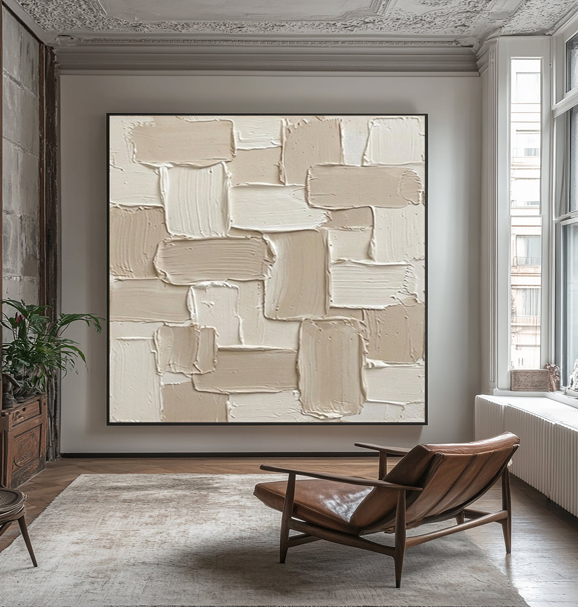 Large Layered Architectural Block Wall Art Neutral Contemporary Sculptural Painting
