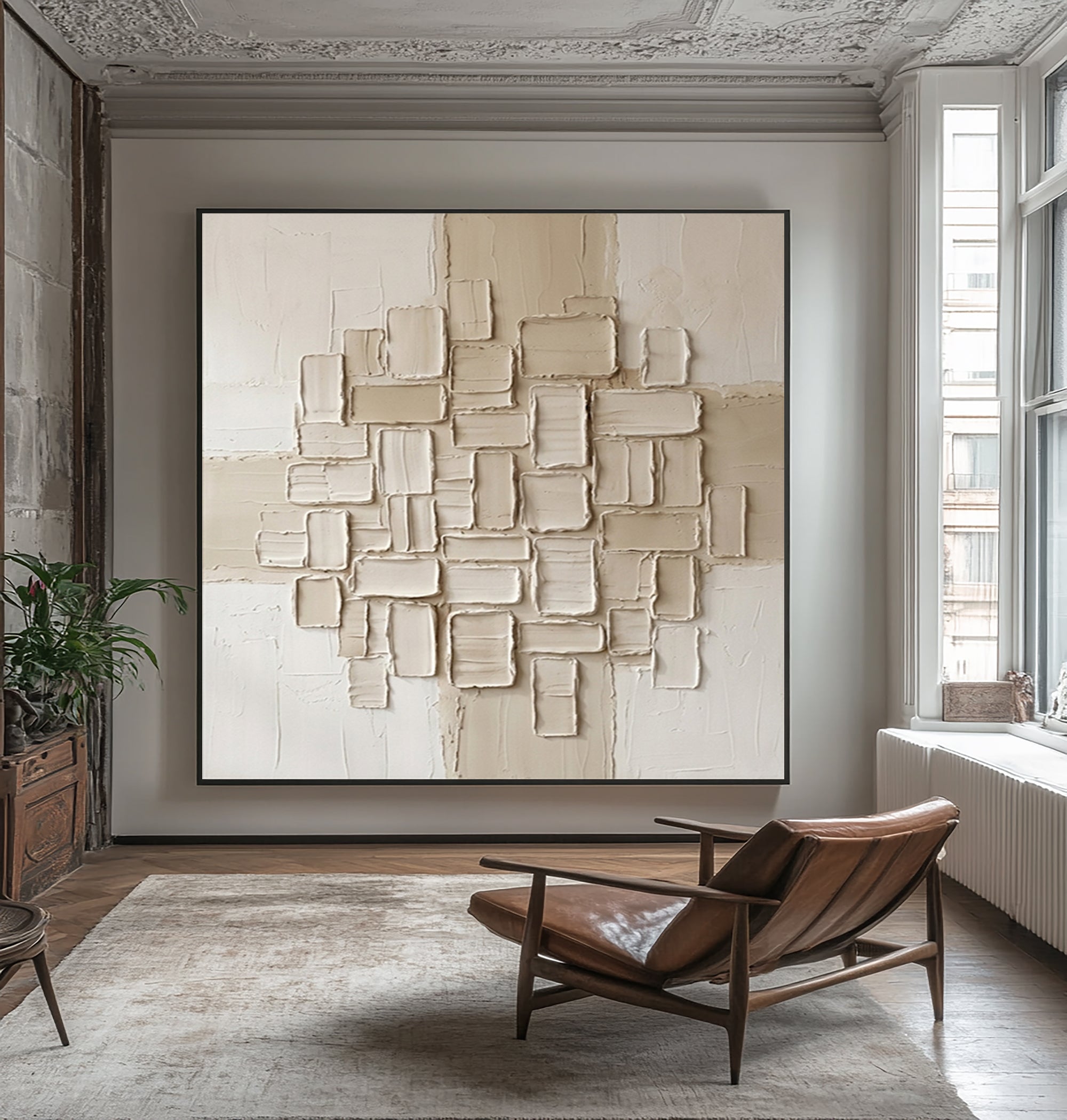 Large Architectural Tile Relief Wall Art Neutral Contemporary Textured Canvas Painting