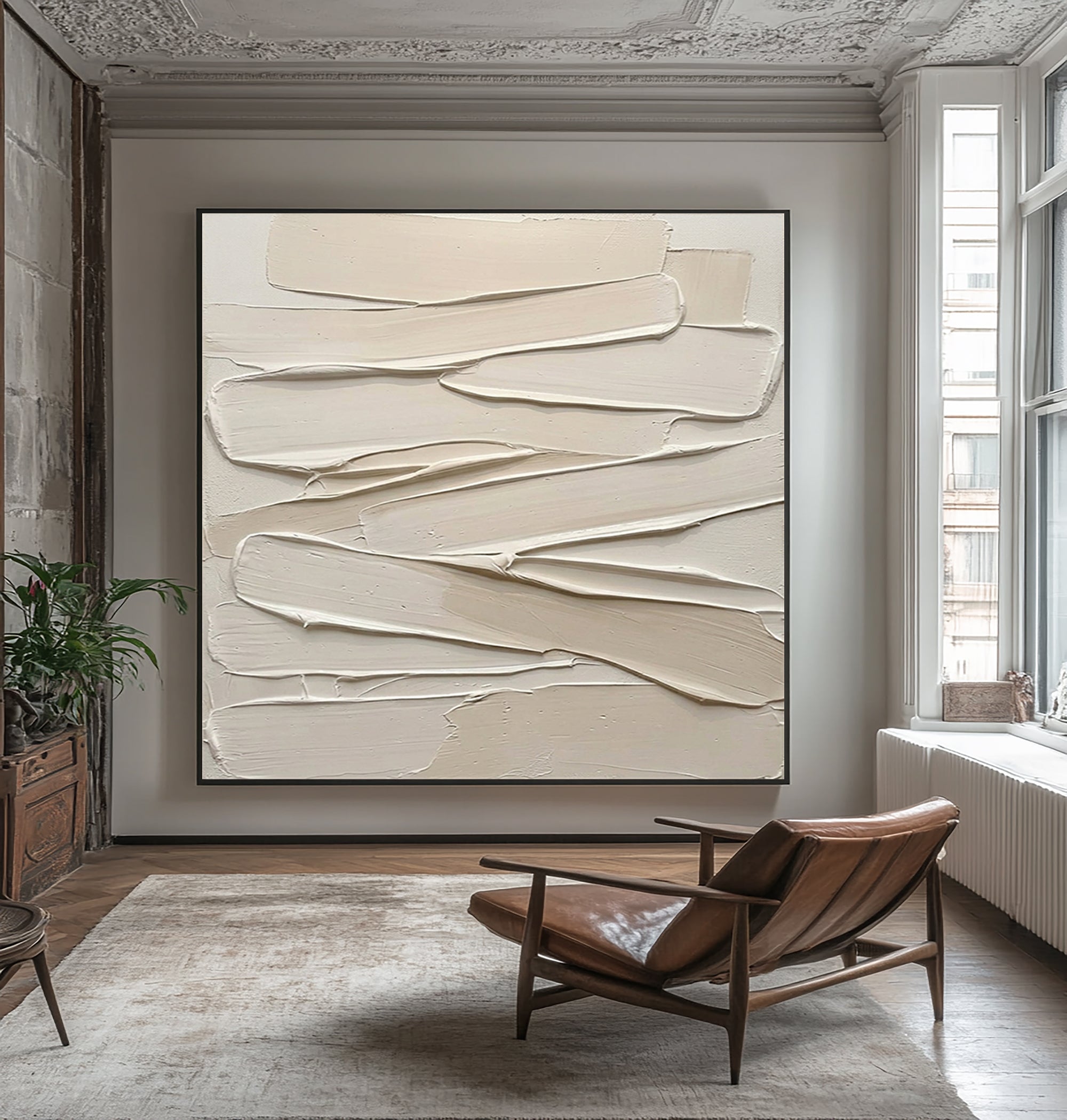 Large Cream Textured Canvas Art Modern Neutral Wall Decor
