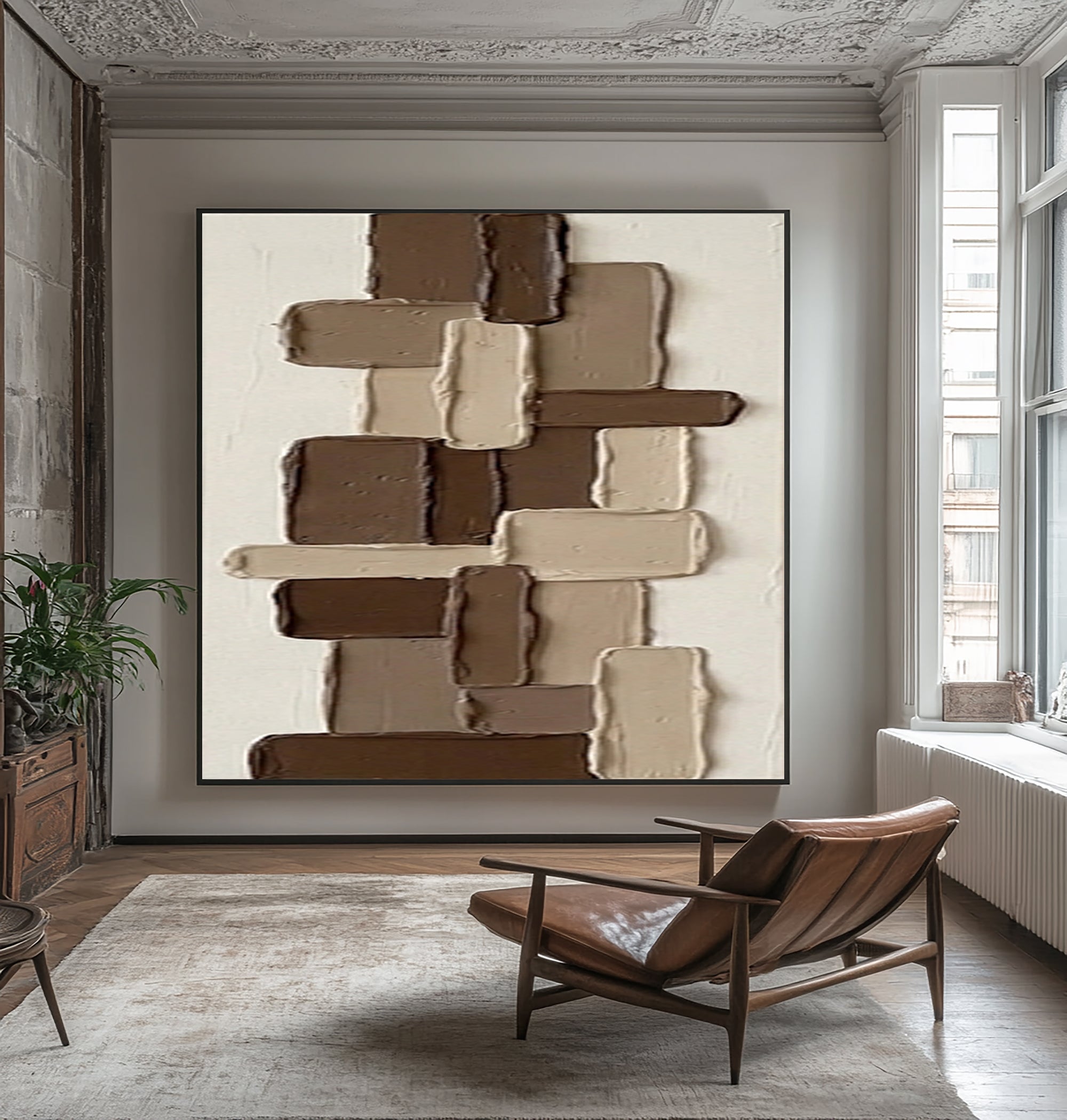Large Brown Textured Abstract Wall Art Hand Painted Geometric Canvas