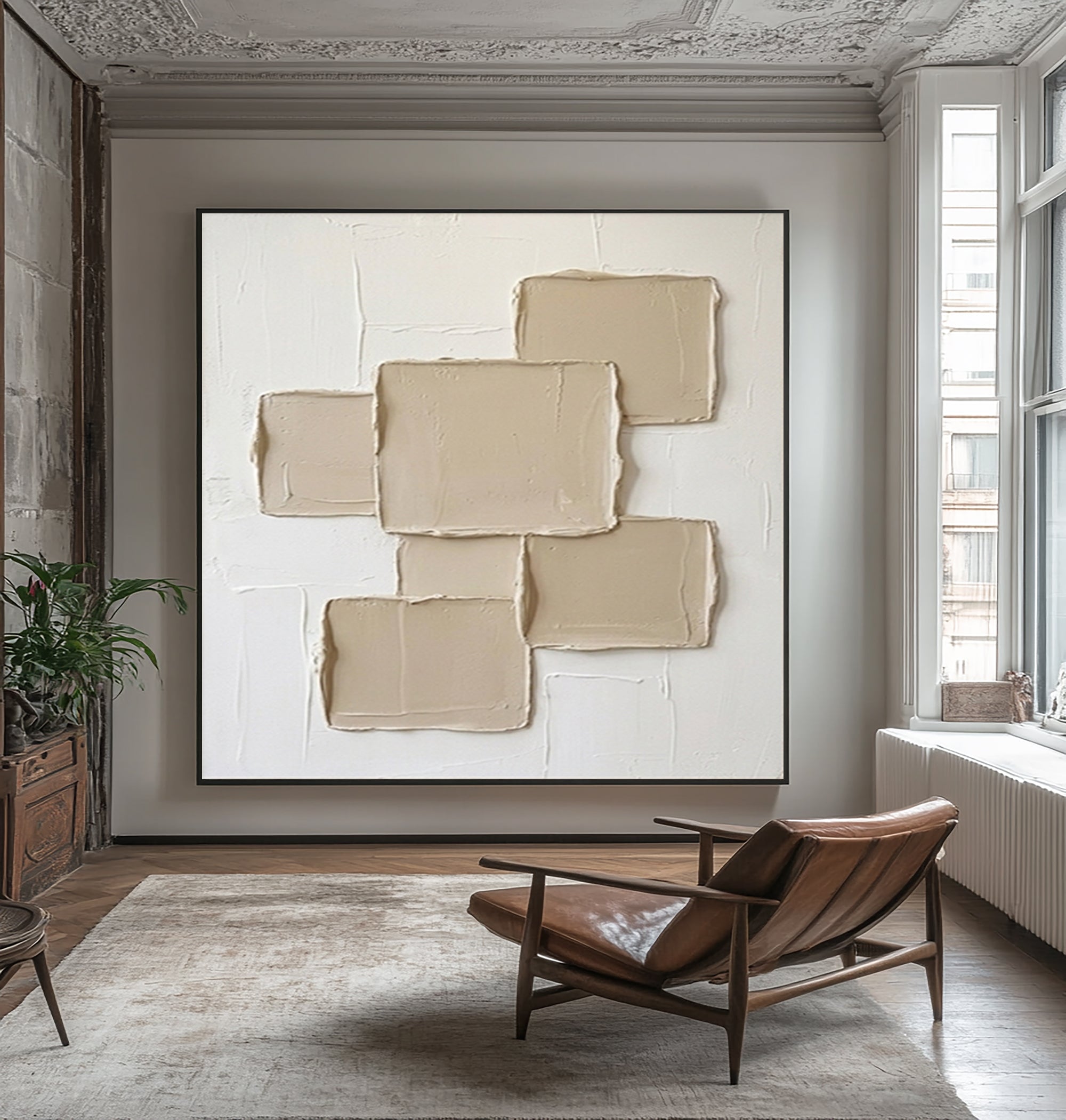 Large Hand Painted Texture Wall Art Modern Neutral Geometric Canvas