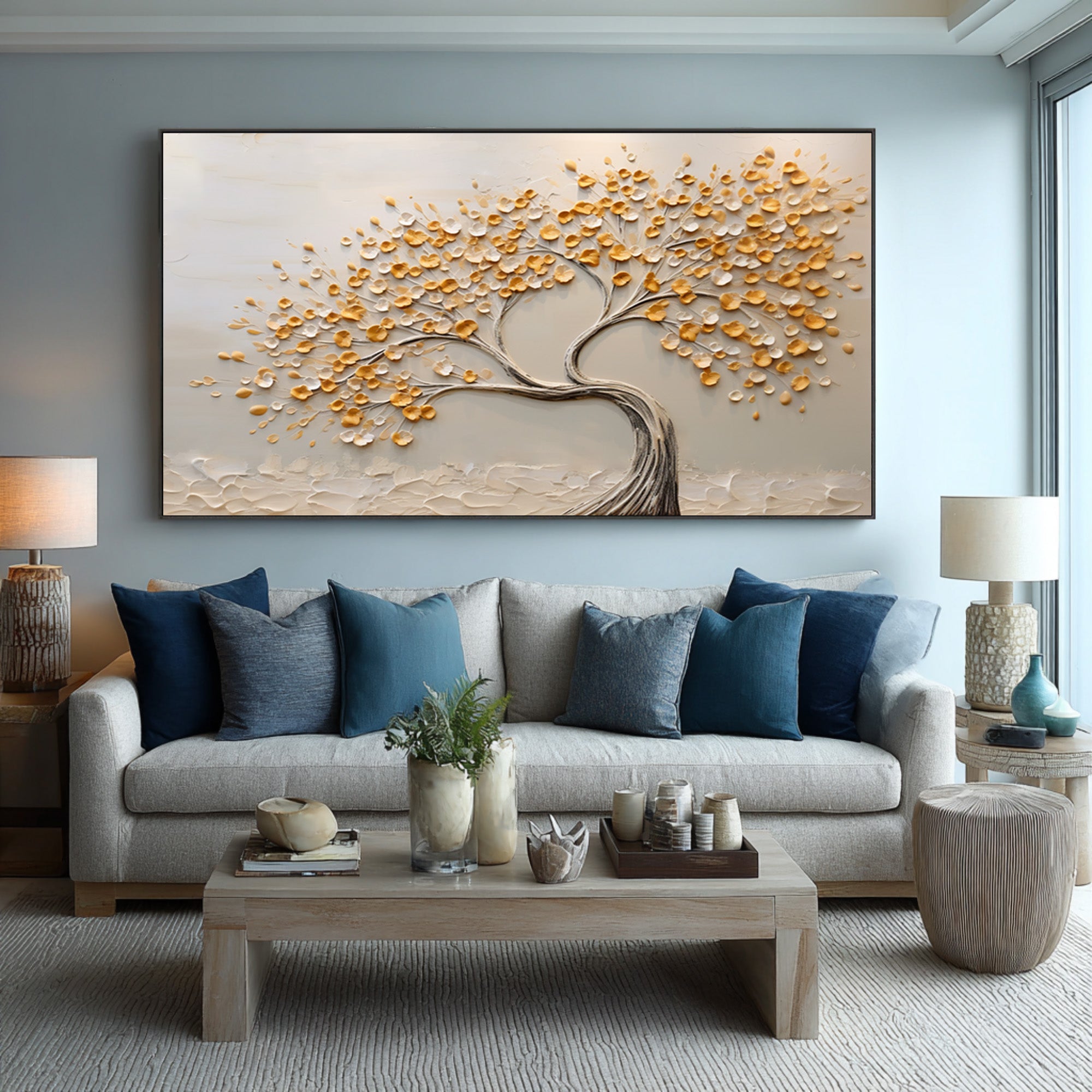 Neutral Tone Tree Artwork Hand Painted Gold Accents #AG 093