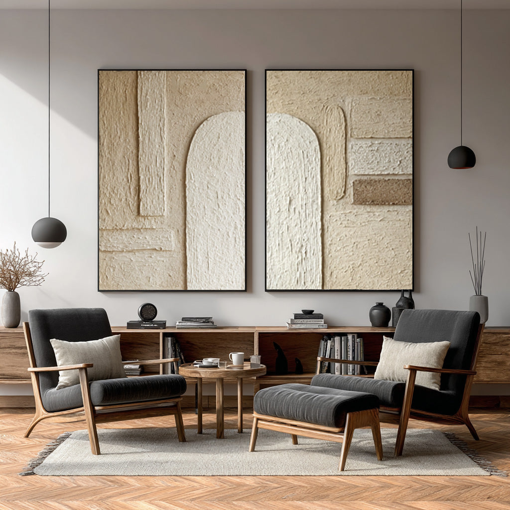 Modern Square Abstract Art White & Gold Textured Set Of 2 #AG 043